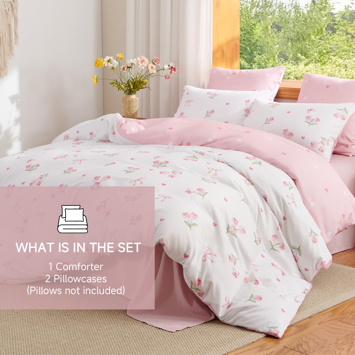 Erwinmu Floral Comforter Set King Size - 3 Pieces Pink White Floral Tulips Bow Comforter Bedding Sets Reversible Pattern,King Bed in a Bag with Flowers Comforter and 2 Pillowcases