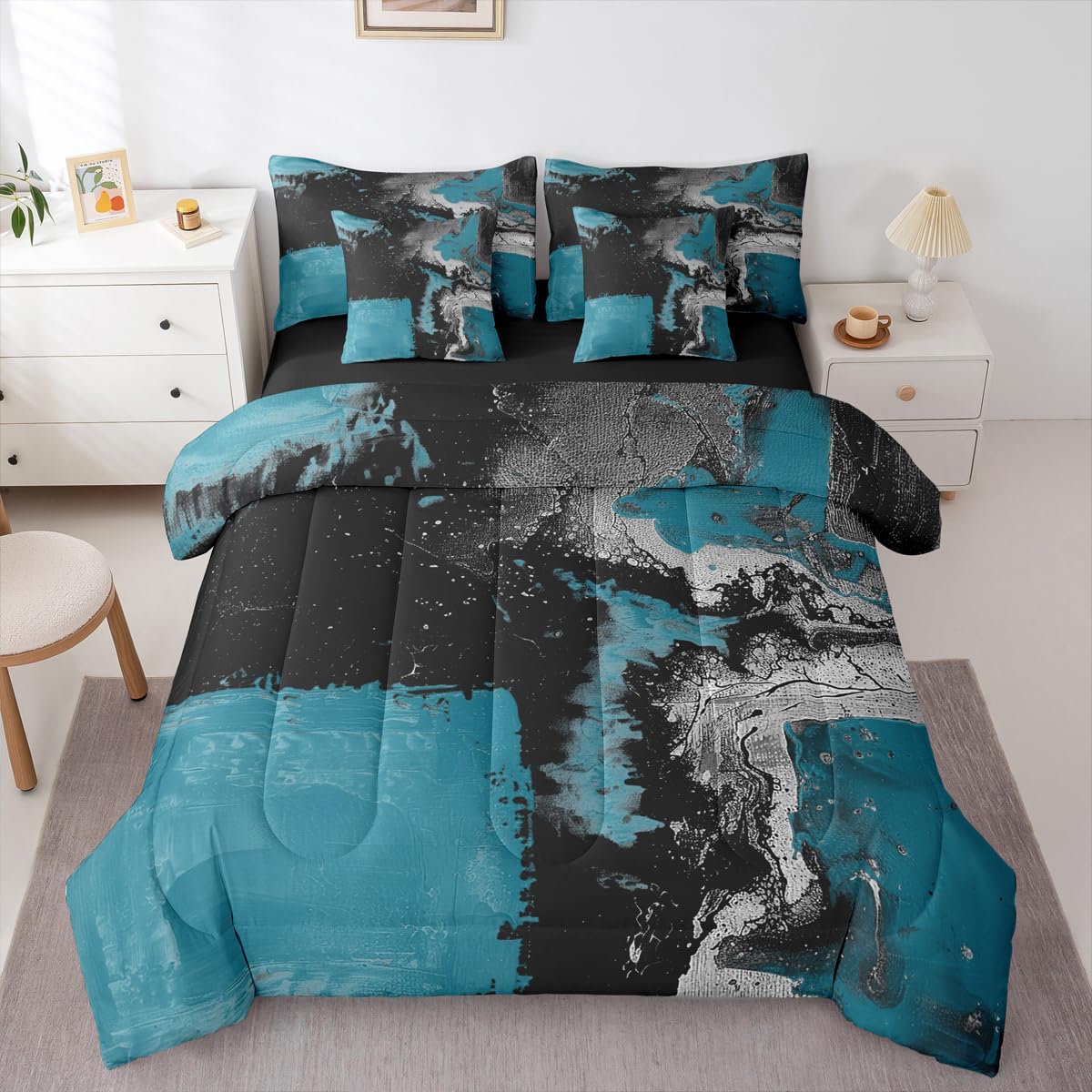 Feelyou Abstract King Comforter Set with Sheets for Kids Boys Girls Modern Abstract Art 7 Pieces Bedding Set Luxury Bed in a Bag Geometric Room Decor Dark Blue Balck Soft Lightweight Microfiber
