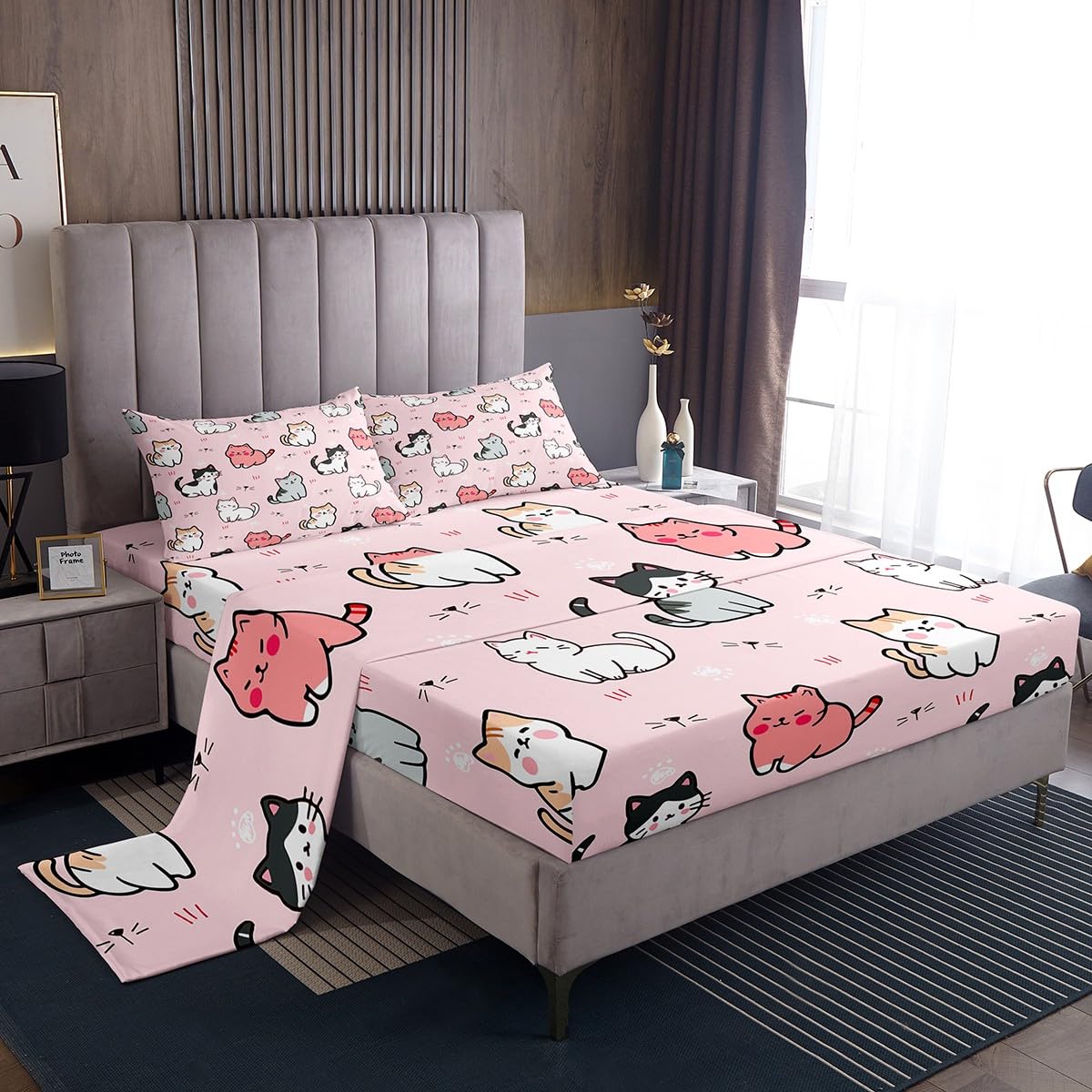 Erosebridal Cartoon Cat Bed Sheets,Kids Girls Pet Bedding Sets Queen Size,Cute Colorful Kitten Sheet Set for Teens Boys,White Cat Paw Print Flat Sheet with 2 Pillow Shams Pink
