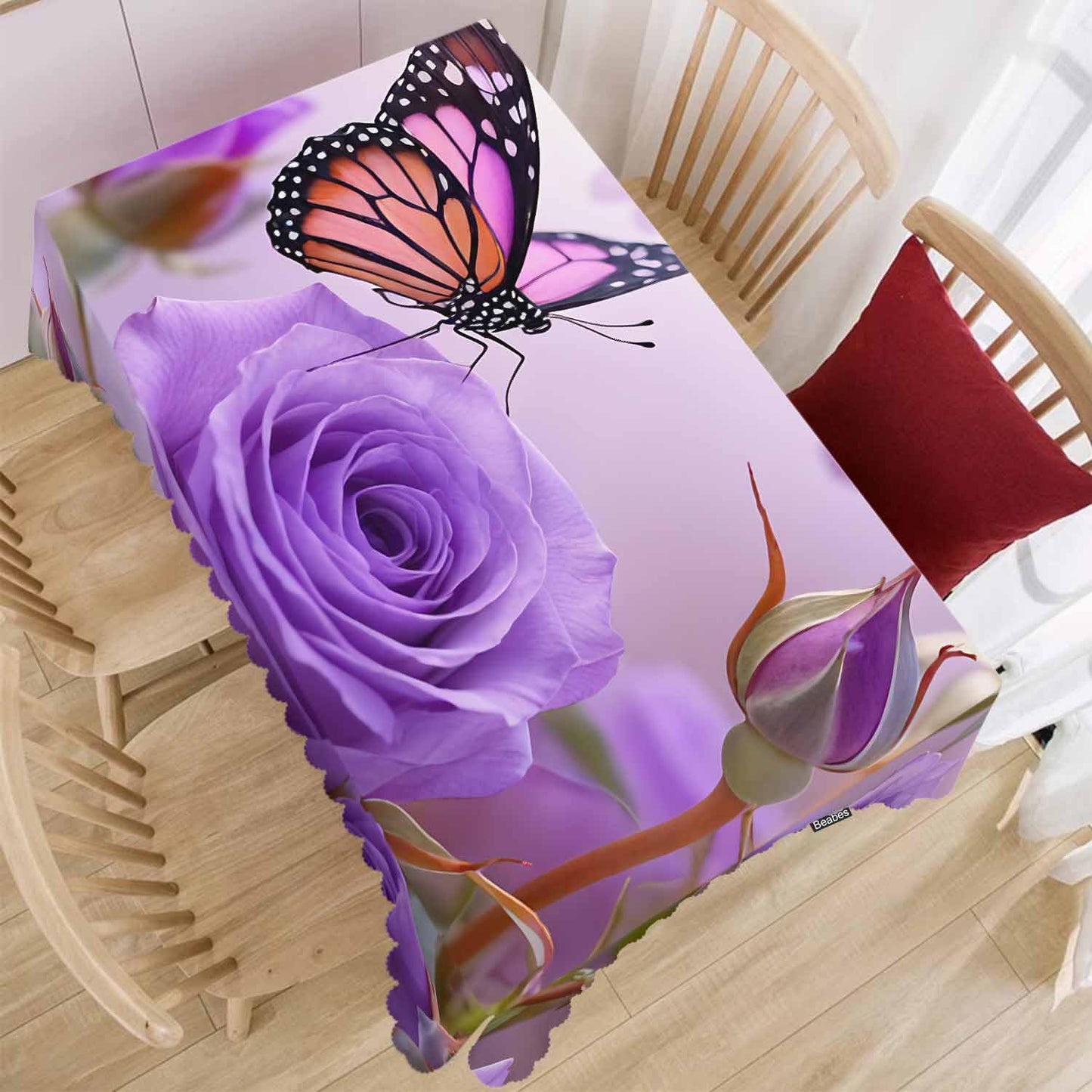 Beabes Tablecloth Butterfly 52 X 70 Inch, Roses Butterfly Purple Oblong Table Cloths Anti-Shrink Decorative Table Cover for Kitchen Dinning Tabletop Outdoor Picnic BBQ
