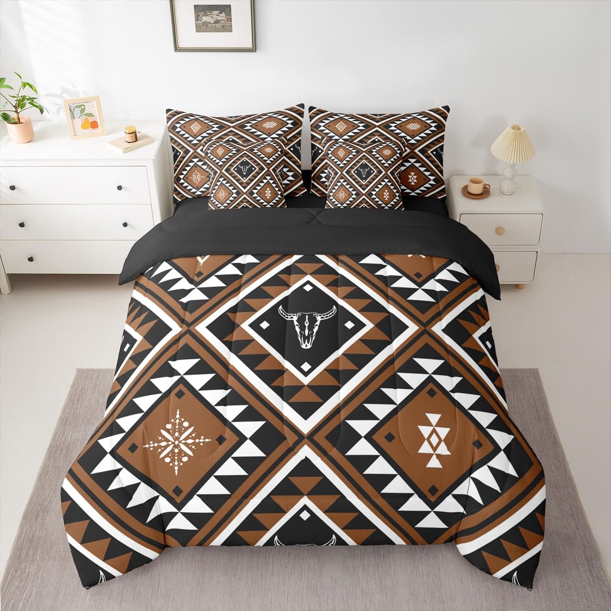 Erosebridal Rustic Western 7 Pcs Comforter Set King for Men,Southwestern Aztec Bedding Bohemian Quilt Ethnic Horns Bull Skull Farmhouse Bedroom Decor Brown Geometric Diamond Sheet Set Bed in A Bag