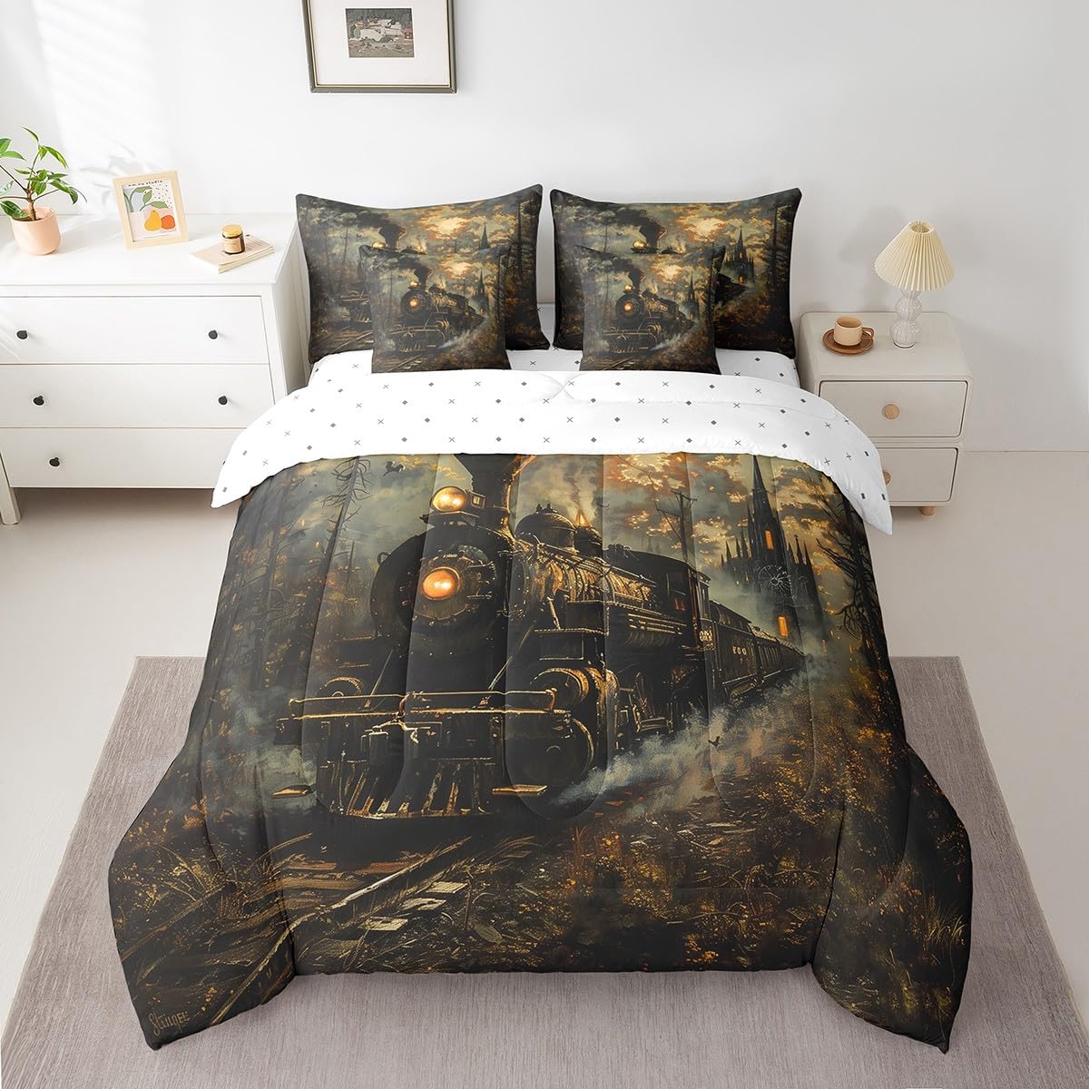 7 Pieces Twin Size Train Comforter Set,Retro Choochoo Steam Locomotive Train Bedding Set for Boys Girls,Gothic Bell Tower Castle (Comforter+Fitted+Flat Sheet+2 Pillowcases+2 Throw Pillow Covers)