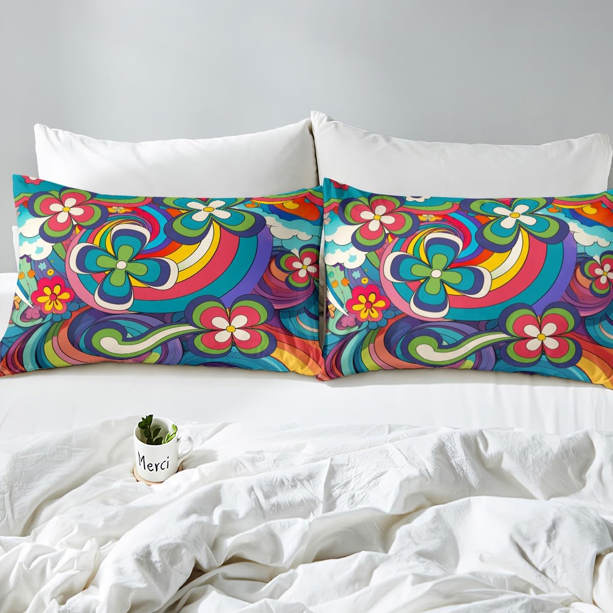 Hippie Boho Floral Bedding Set Colorful Groovy Flower Power Bed Sheets Full Psychedelic Spring Garden Botanical Sheet Set For Girls Teen Women 60S 70S Bohemian Fitted Sheet + Flat Sheet 4 Pcs