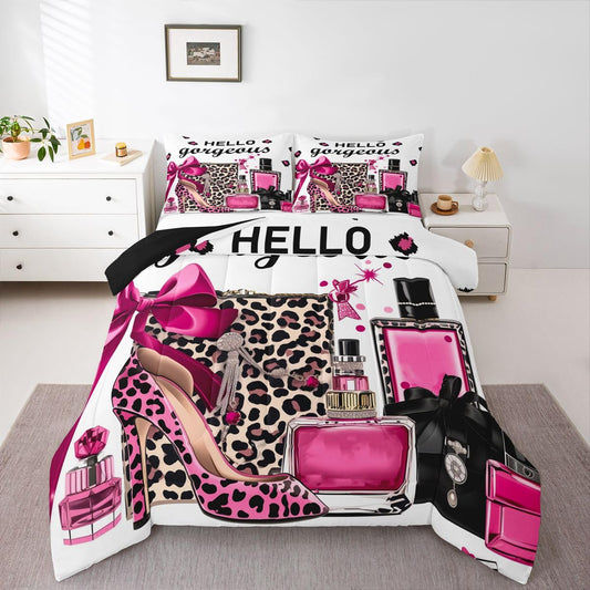 Erosebridal Black and Pink Leopard Print King Bedding Set | Fashion Modern Girly Comforter Set Bow Perfume High Heels Bed Collections Trendy Stylish Girls Duvet Quilt Sets