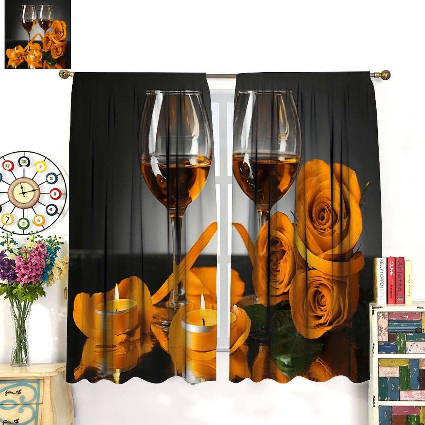 GoDazzling Rose Wine Blackout Curtains, Orange Floral Valentine Blossom Romantic Lover Art Printed Window Drapes, for Living Room Bedroom Kitchen 42" W X 45" L