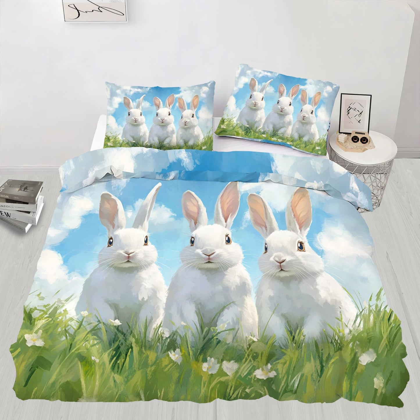 PAISUOQ Bunny/Kids Duvet Cover Queen Size, Cute Bunny Bedding Sets, 3 Piece, Soft Microfiber Patterned Comforter Cover with Zipper Ties & 2 Pillowcase, Easter Theme Bedroom Decor & Gifts