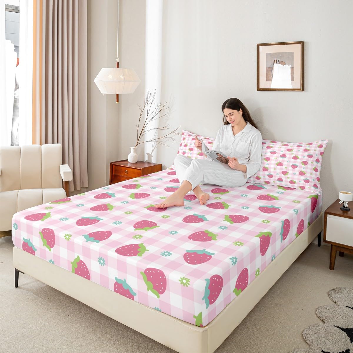 Girls Strawberry Bed Sheet Set Twin Kids Pink Buffalo Check Bedding Set Cute Strawberries Fruit Fitted Sheet Kawaii Room Decor Soft Geometric Grid Plaid Bed Cover with 1 Pillow Case, No Flat Sheet