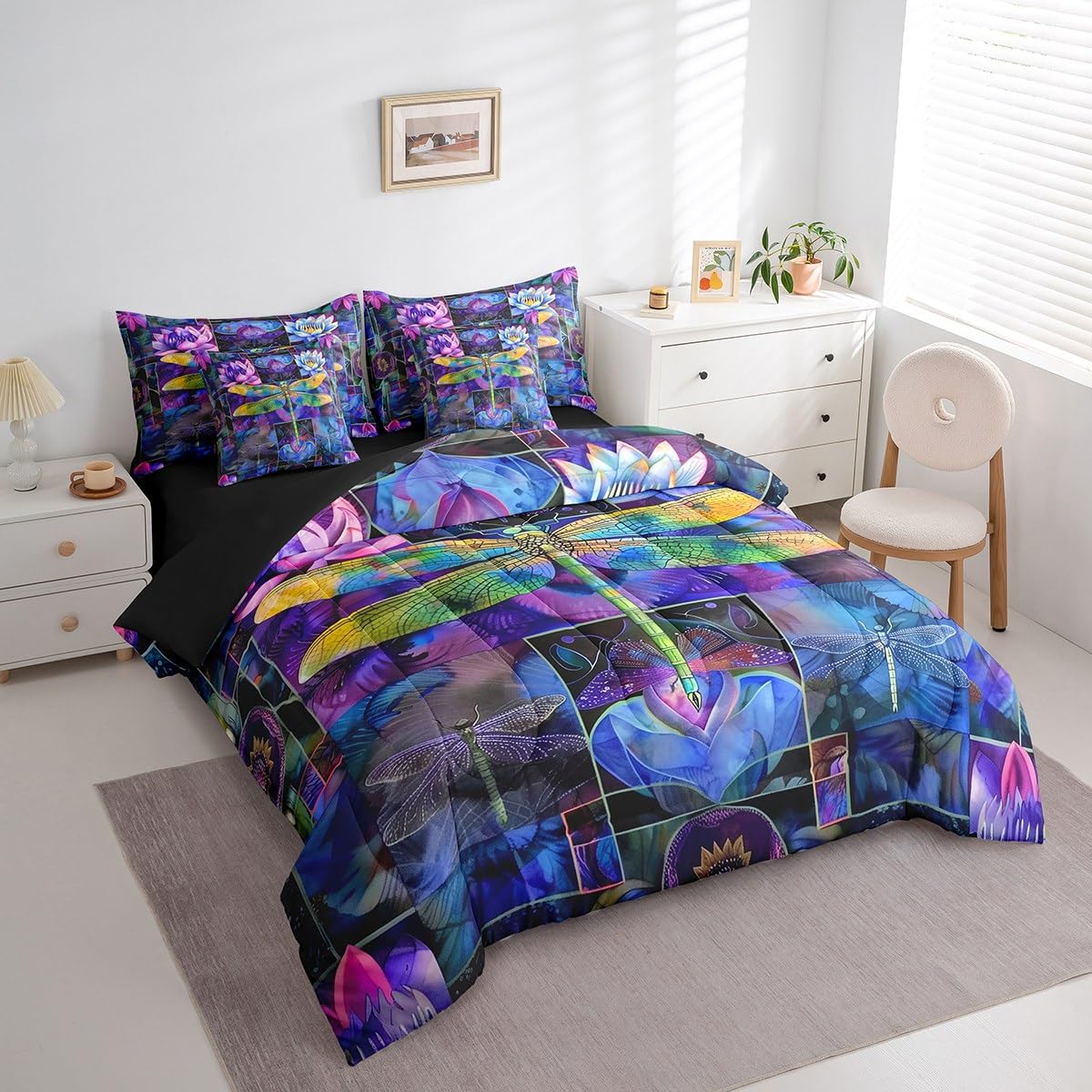 Erosebridal Boho Dragonfly Comforter Set Queen,Bohemian Lotus Flower Bedding Set 7Pcs for Kids Teens Girls,Gradient Butterfly Moth Quilt,Trippy Palm Leaves Bed in a Bag