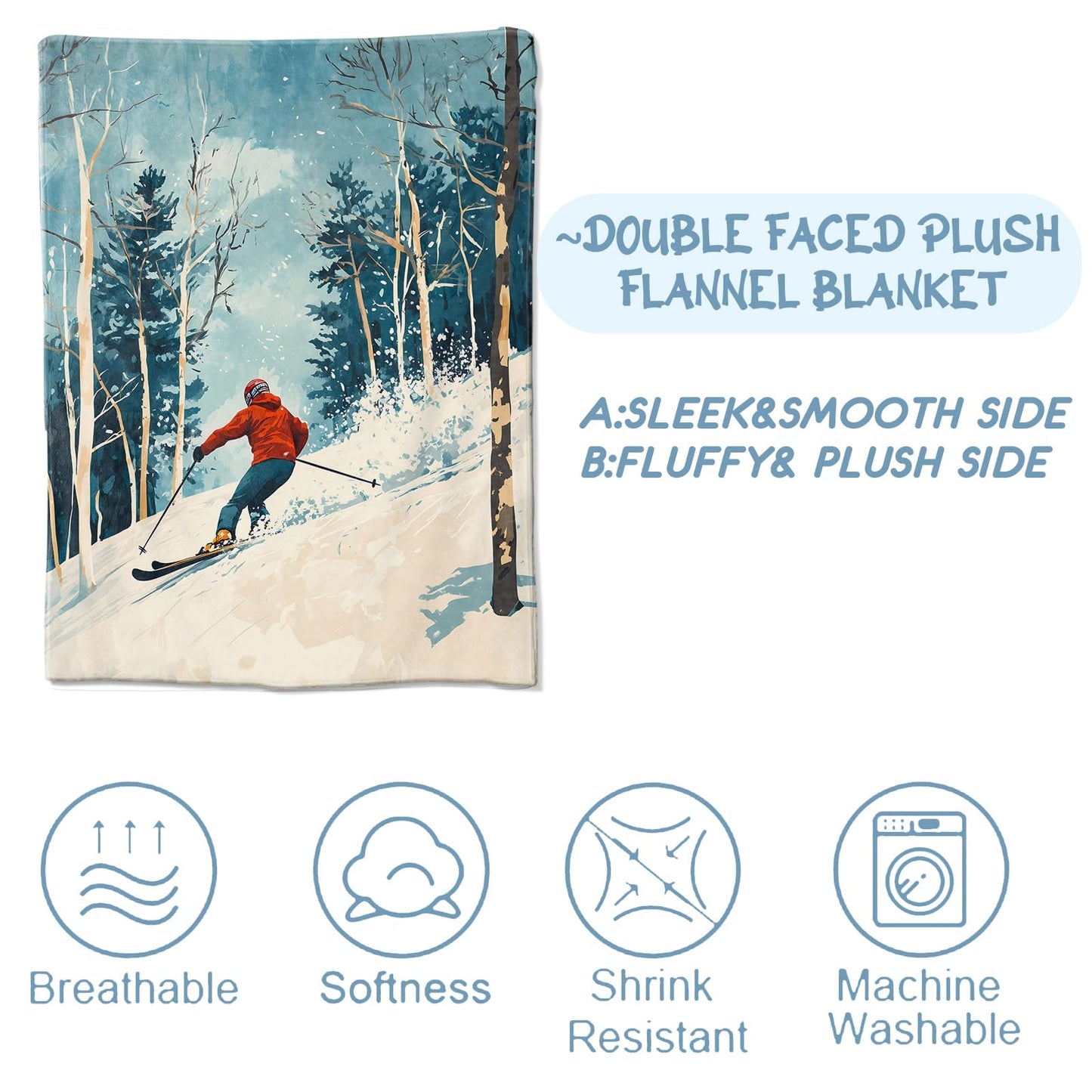 Ski Blankets for Adult Kids, Flannel Ski Throw Blanket, Birthday Gifts, Ski Decor for Sofa Couch Bed Living Room Soft Warm Lightweight Cozy 60" x 50"