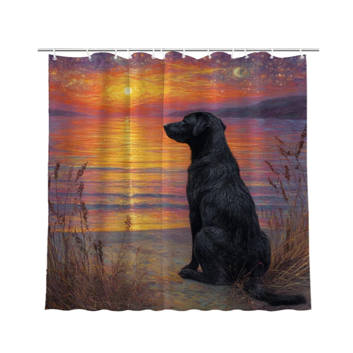 Wordatu Black Labrador Dog Shower Curtain on Sunset Sunrise Beach Seascape Art Shower Curtain Set, Nautical Ocean Bath Accessories Coastal Seaside Bathroom Decor 72x72 Inches
