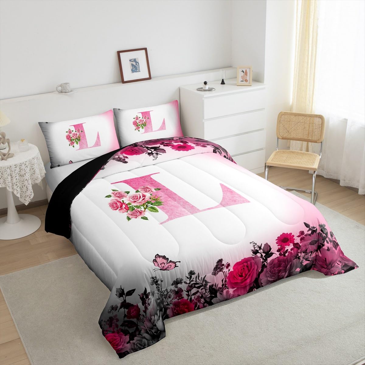 jejeloiu Letter Flowers Comforter Set Queen Size for Kids Teens Girls Woman Personalized Initial L Bedding Set Ultra Soft Monogrammed Duvet Quilt Black Pink Floral Rose Butterfly Duvet Modern Fashion