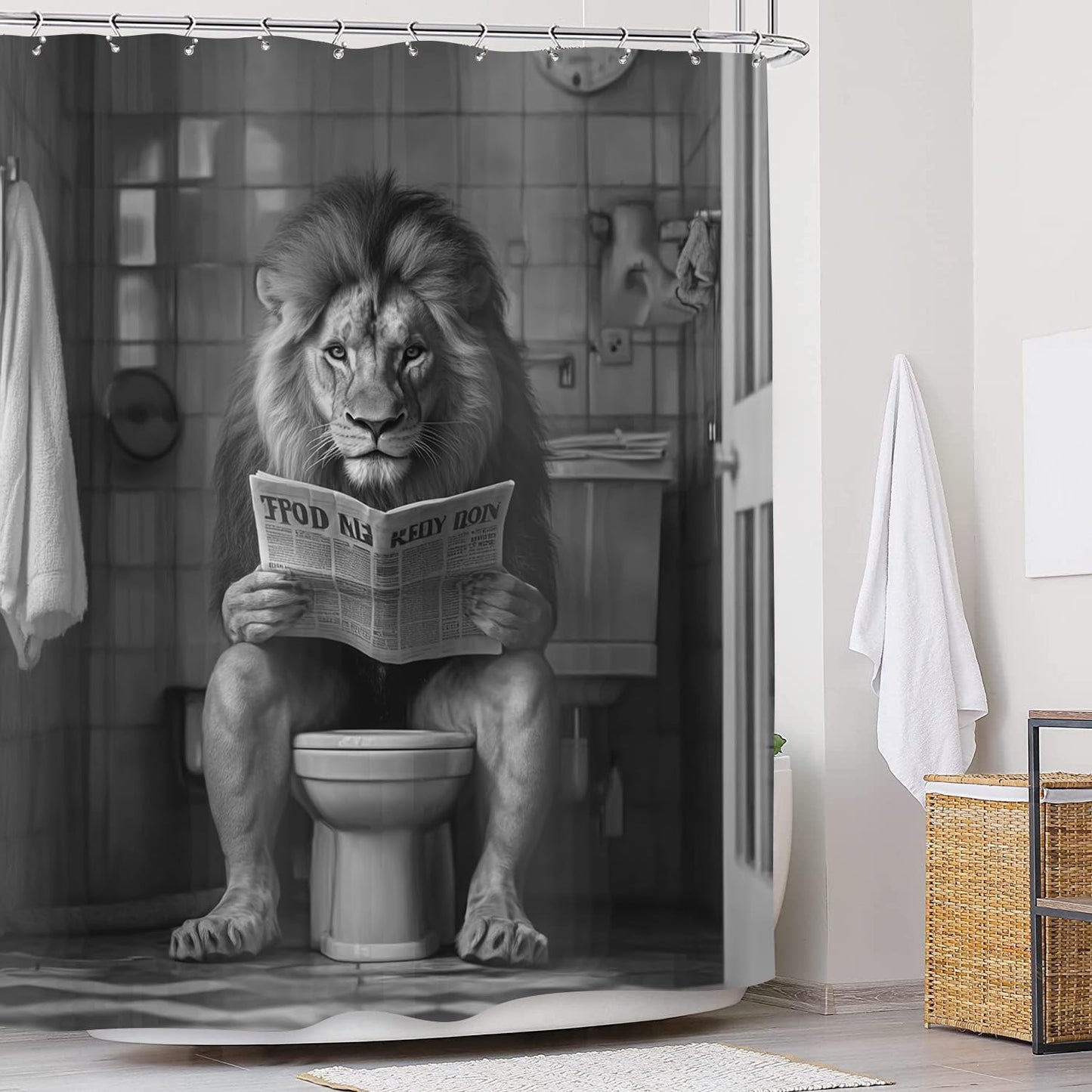 JAWO Funny Shower Curtain Farmhouse Cool Lion Shower Curtains for Bathroom Grey Humor Animal Reading on Toilet Curtains, Western Country Large Cat Bathroom Curtain Polyester Fabric Set Hooks 72X72
