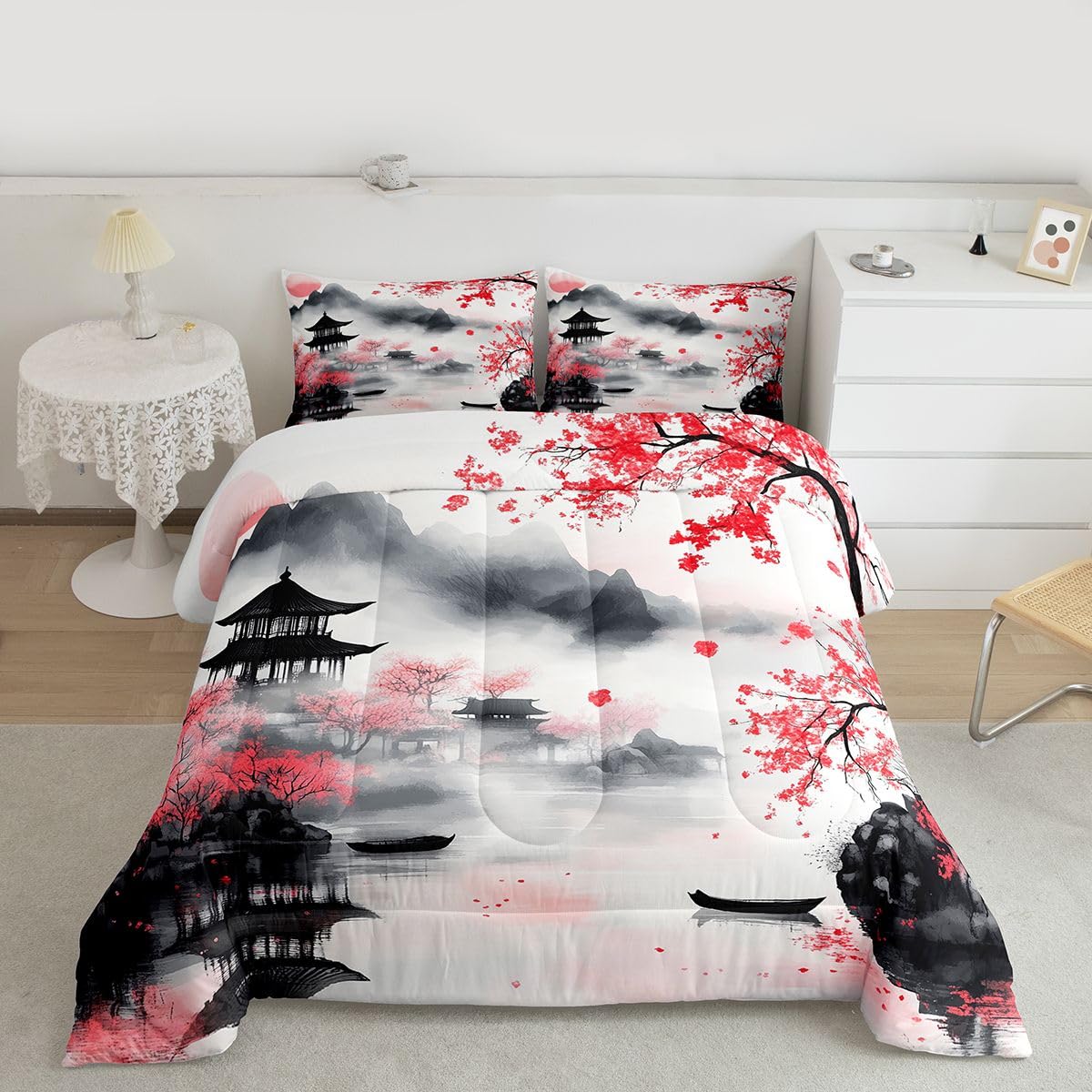 jejeloiu Chinese Ink Painting Bedding Set Soft for Boys Girls, Cherry Blossom Comforter Set Queen Size Mountain Duvet Quilt Microfiber Japanese Style Bedroom Decor 3 Pcs with 2 Pillow Cases