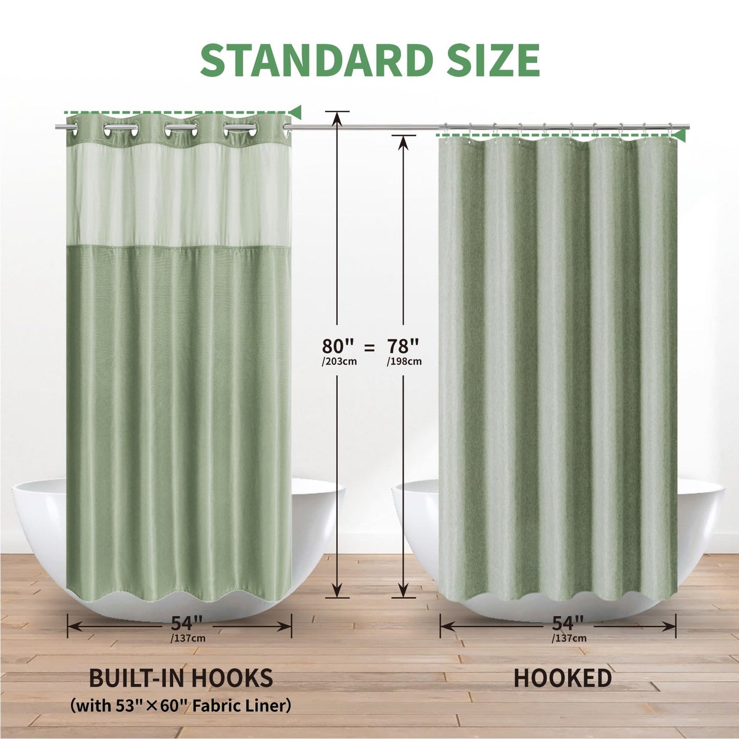 eachope Stall No Hook Shower Curtain with Snap-in Fabric Liner Set,Waffle Weave Shower Curtains for Bathroom,Hotel Luxury Decor Bathroom Curtain Set,Waterproof & Washable,54Wx80H,Sage Green