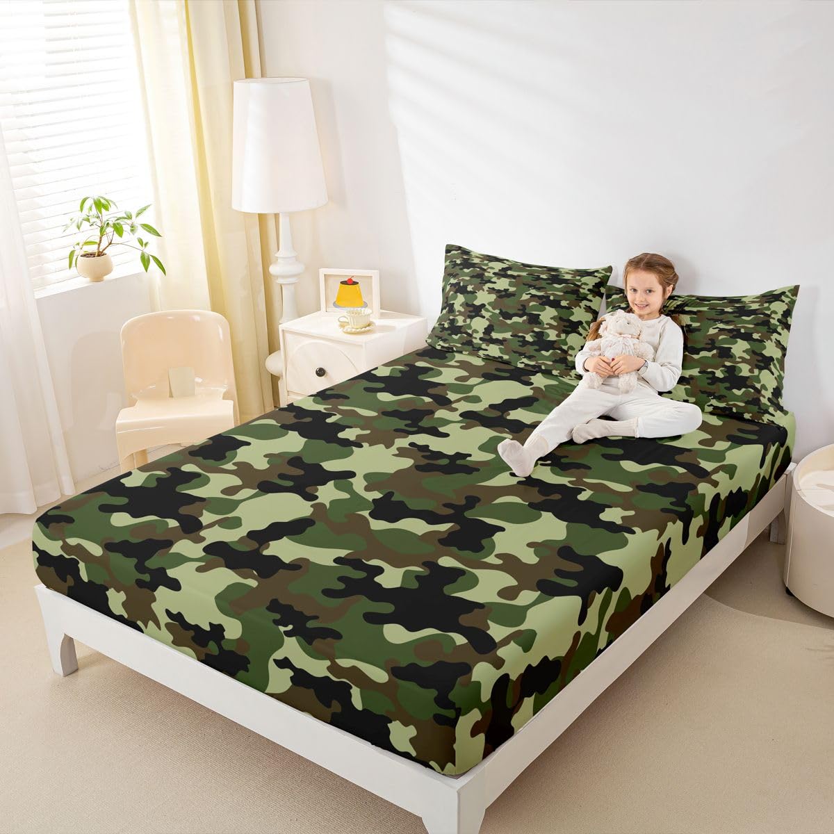 Feelyou Camo Bed Sheets Set Kids Bedding Queen Size Includes 1 Fitted Sheets & 2 Pillowcases (No Flat Sheet)