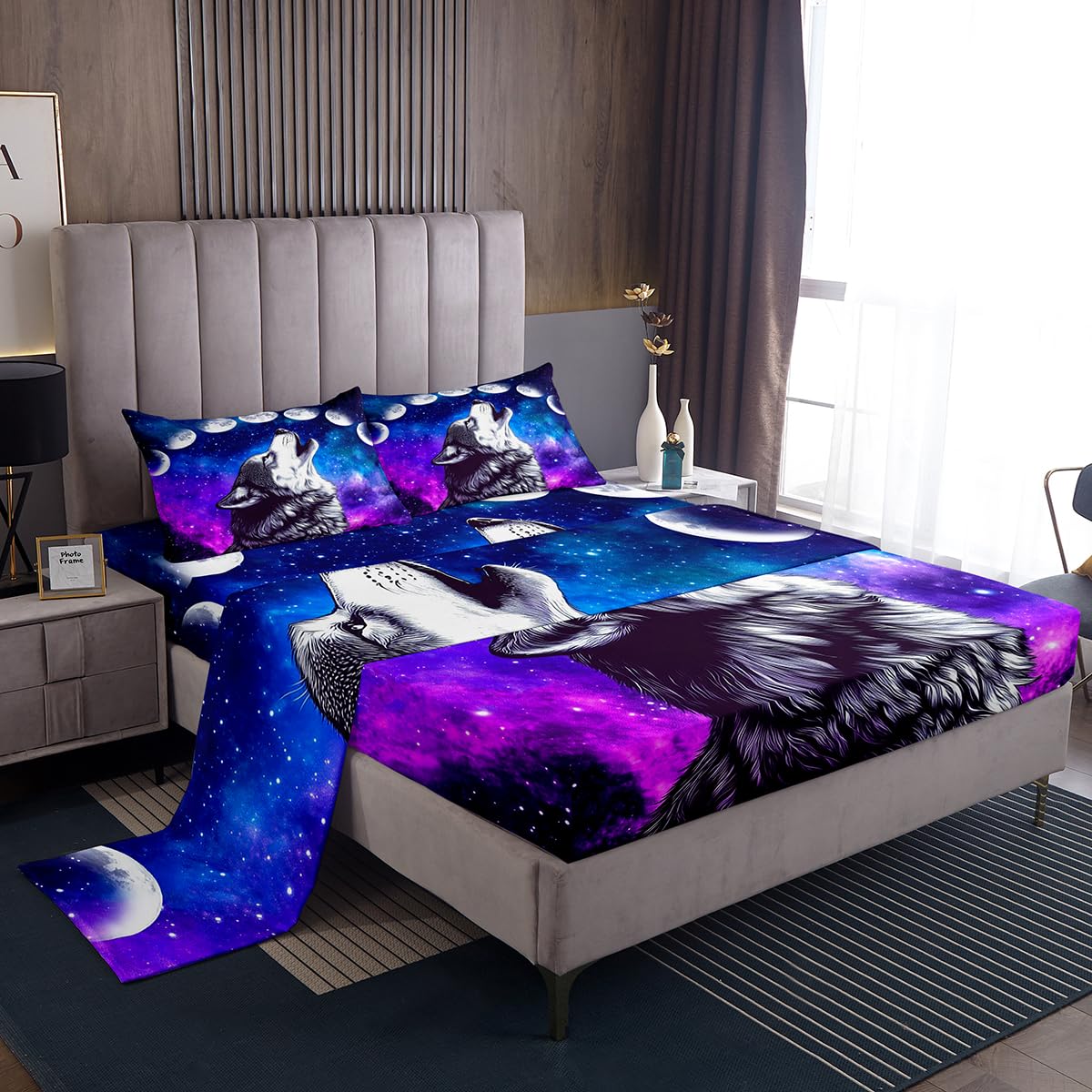 Erosebridal Howling Wolf Bed Sheets Blue Purple Starry Sky Sheet Set Full Size,Galaxy Series Fitted Sheet for Child Teens JCXS8225CLBWTfull 0
