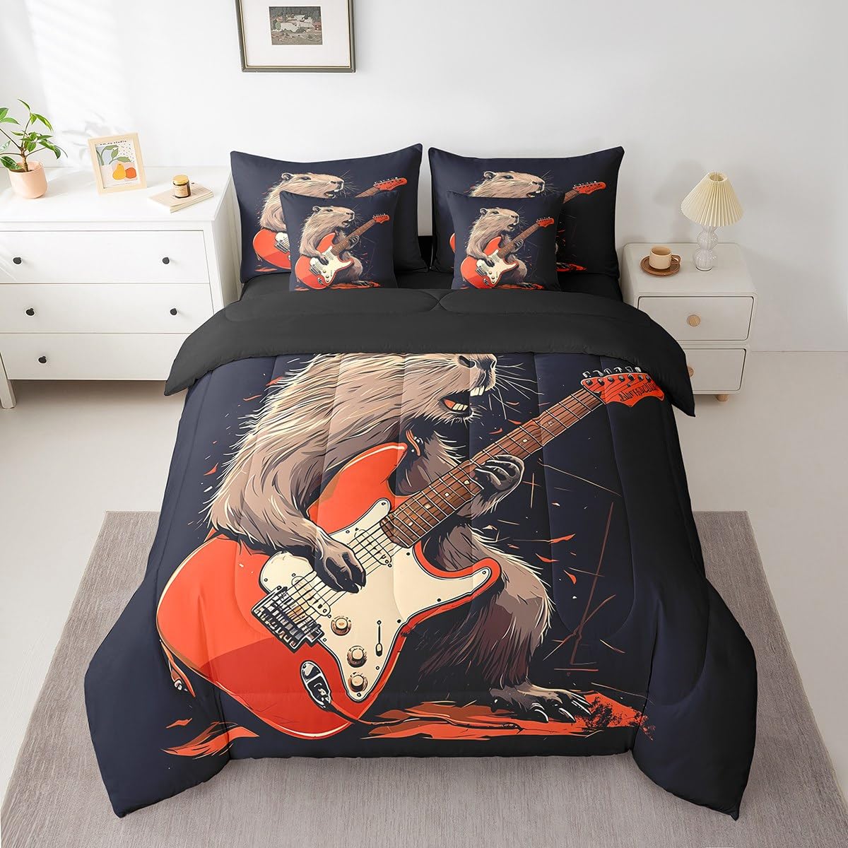 Lovely Capybara Twin Comforter Set with Sheets, Hipster Grunge Guitar 7 Piece Bedding Set Capybara Animals Lovers Bed in a Bag, Cute Beaver Rodent Animals Print Decor, Musical Instruments Decor