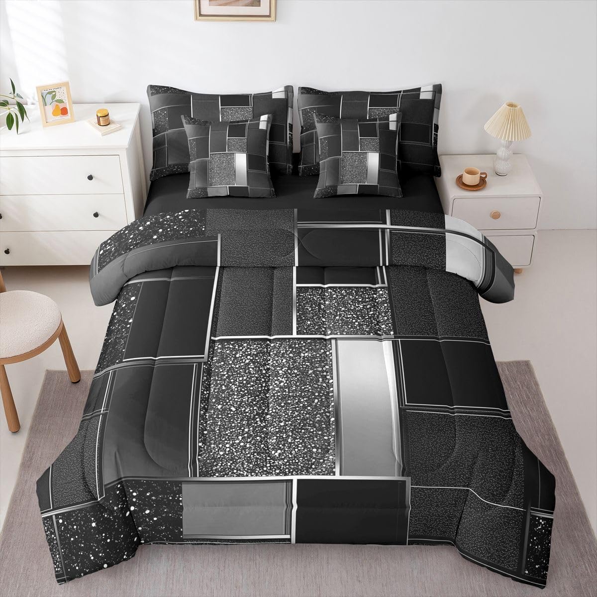 Feelyou Geometric Black Comforter Set with Sheets 7 Piece Full Size Modern Abstract Bed in a Bag Kids Boys Girls Metallic Print Geometric Bedding Set Bedroom Decor Breathable