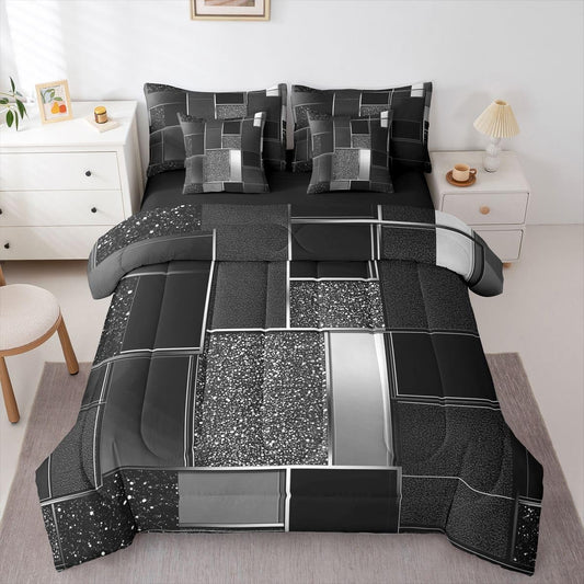 Feelyou Geometric Black Comforter Set with Sheets 7 Piece Full Size Modern Abstract Bed in a Bag Kids Boys Girls Metallic Print Geometric Bedding Set Bedroom Decor Breathable