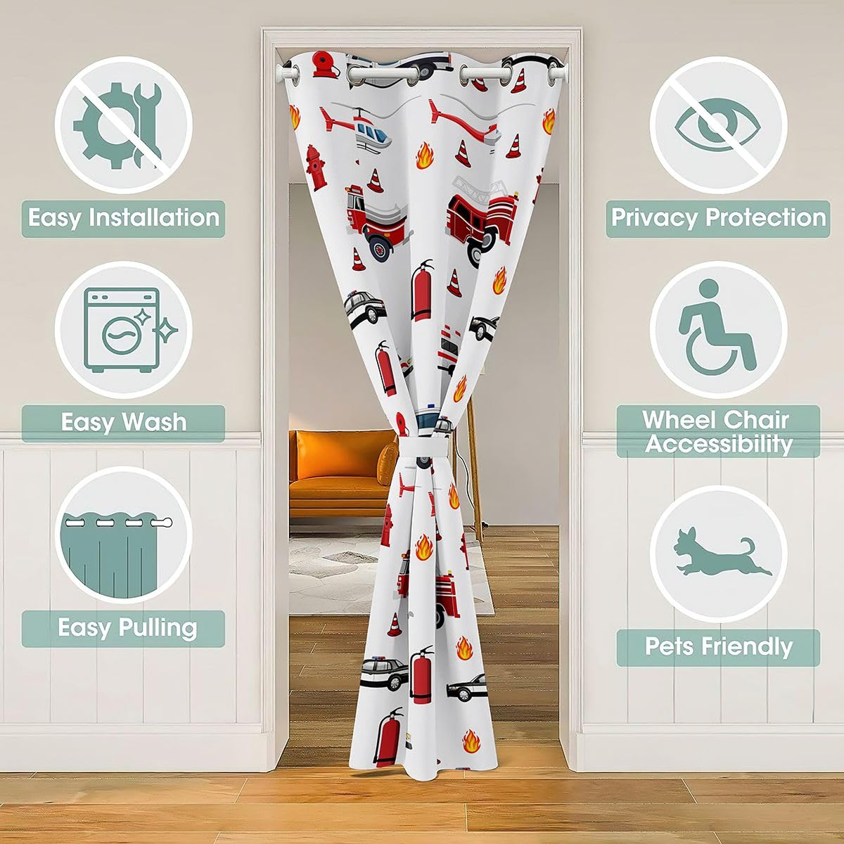 Feelyou Truck Door Curtain for Doorway Privacy Fire Truck Closet Cover for Bedroom Living Room Car Room Divider Curtain 34" x 80" Firefighter Darkening Blackout Firemen Car Vehicle Home Decor