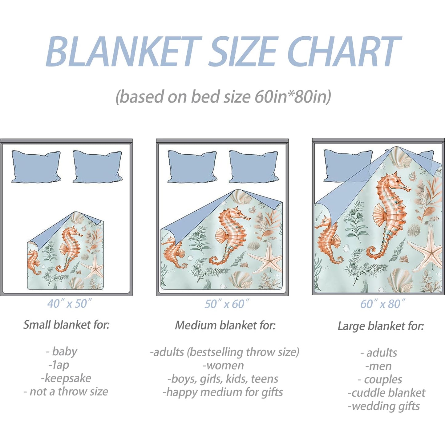 TRYYN Coastal Seahorse Throw Blanket for Couch Picnic Camping Bedroom Decor, Marine Coral Starfish Shells Seaweed, Super Soft Cozy Warm Fluffy Fleece Blankets Gifts for Kids Adults, 60x50 Inch