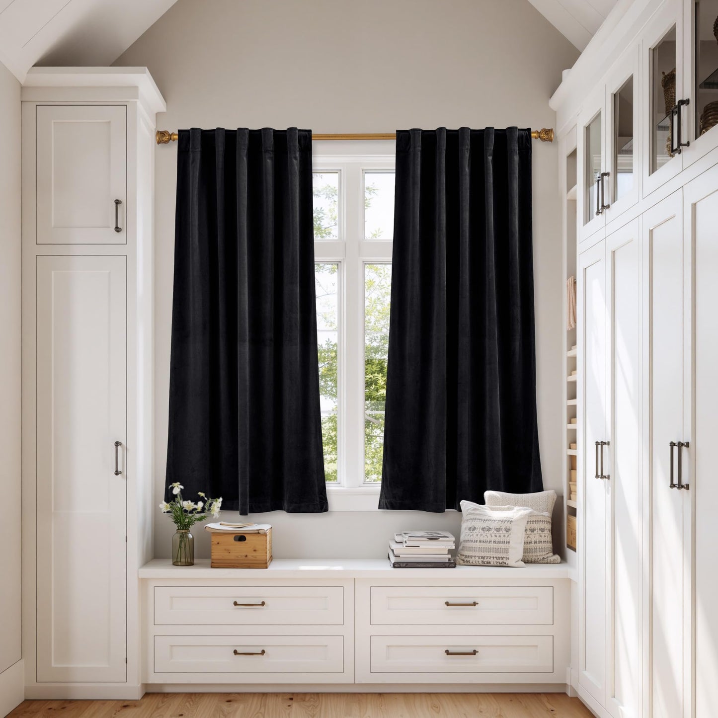 NICETOWN Black Velvet Curtains 72 inch Long for Dining Room - Blackout Thermal Insulating Soft Drapes for Half Window, Rod Pocket and Back Tab Design W42 x L72, 2 Panels