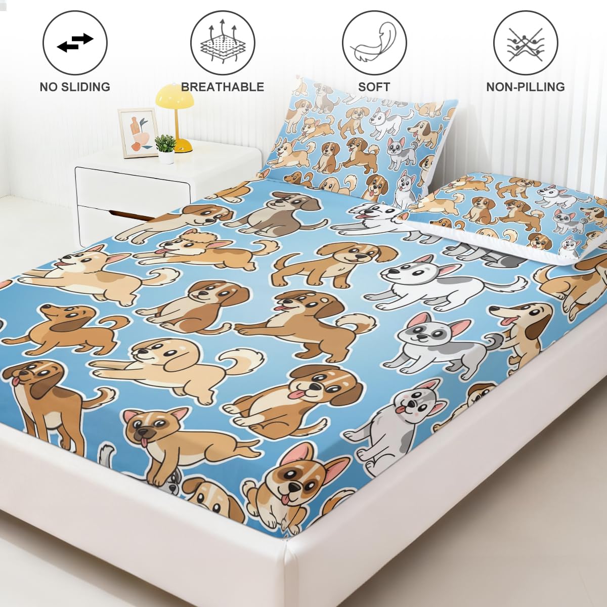 ARIGHTEX Dog Fitted Sheet Set Twin Size, 3 Pieces Cute Cartoon Puppy Bedding for Kids & Teens, Soft Microfiber Deep Pocket Sheet Set, Playful Blue Animal Bed Sheets