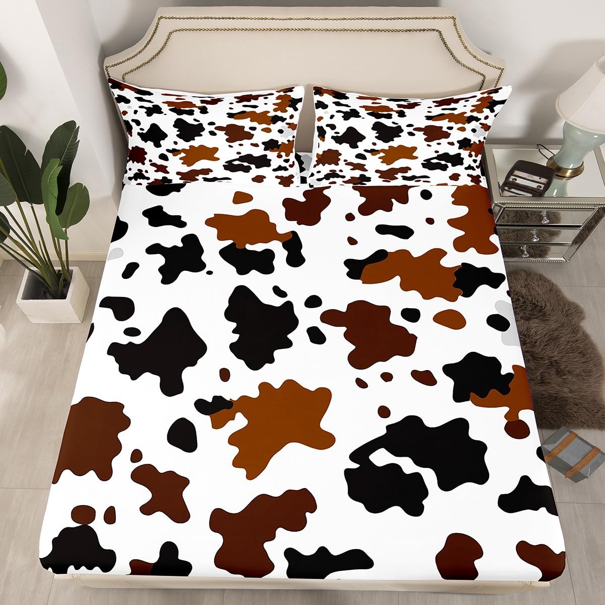 Cowhide Fitted Sheet Farm Cow Print Bedding Sets Brown Black Tie Dye Sheet Set for Kids Boys Girls Adults Farmhouse Animal Western Cowboy Top Flat Sheet with 2 Pillow Cases King