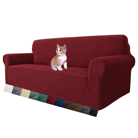 MAXIJIN Super Stretch Couch Cover for 3 Cushion Couch, 1-Piece Universal Sofa Covers Living Room Jacquard Spandex Furniture Protector Dogs Pet Friendly Fitted (Large, Wine Red)
