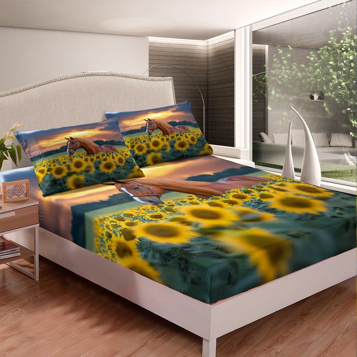 Feelyou Farmhouse Bed Sheets Horse and Sunflower Sheet Set Botanical Floral Bedding Farm Animal Flower Fitted Sheet Queen Size Includes 1 Sheets & 2 Pillowcases (No Flat Sheet)