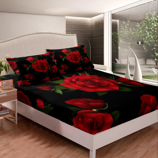 Feelyou Rose Fitted Sheet Red Floral Print Bed Sheet Set Romantic Flower Bedding for Women Queen Size Includes 1 Sheets & 2 Pillowcases (No Flat Sheet)