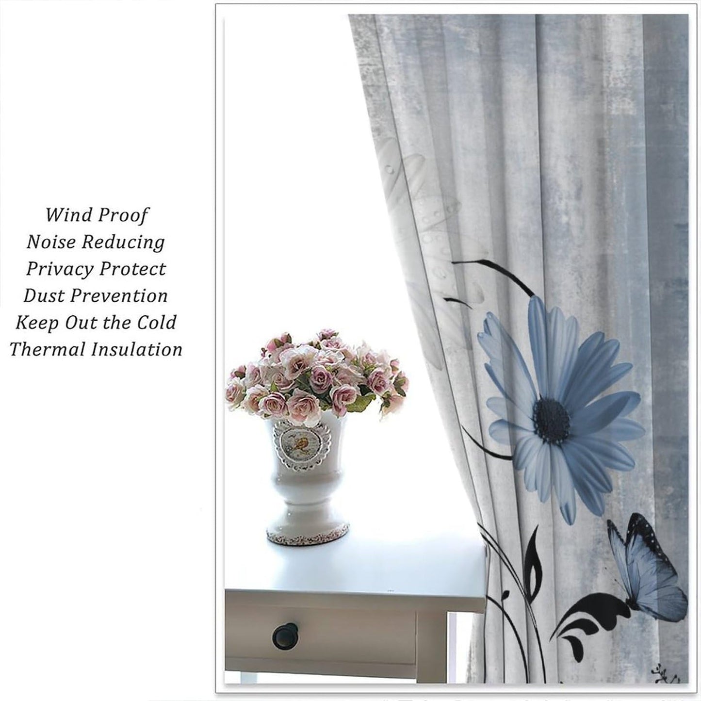 AAVEUP Blue White Daisy Curtains for Kitchen Farmhouse Modern Flower Retro Floral Spring Butterfly Rural Country Style Window Treatments Print for Girls Bedroom Living Room 42x45in（No Blackout）