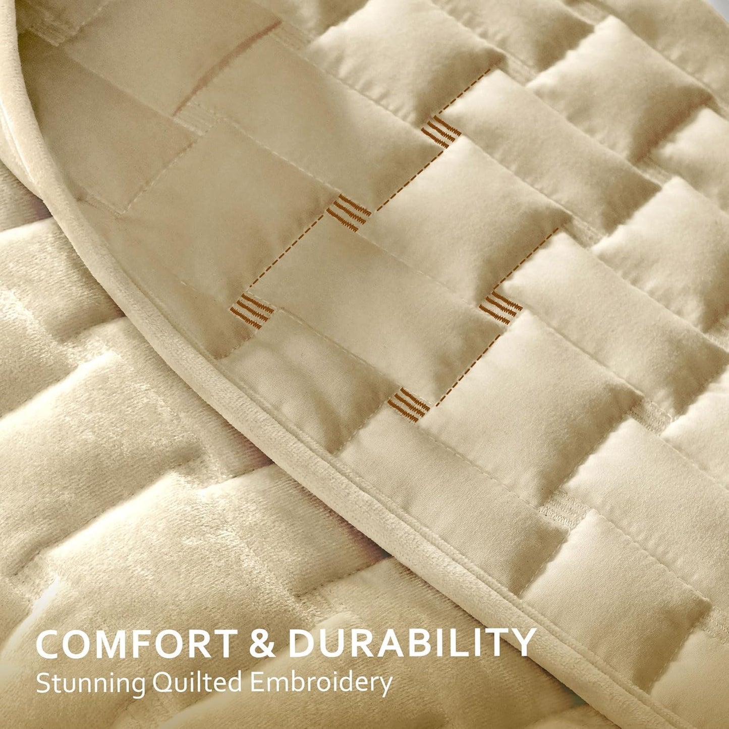 Grassix Velvet Quilt Set Queen Size, 3 Pieces Lightweight Velvet Comforter with Pillow Shams, Geometric Quilted Bedspread Coverlet Bedding Set for All Seasons, Beige, 90"x96"
