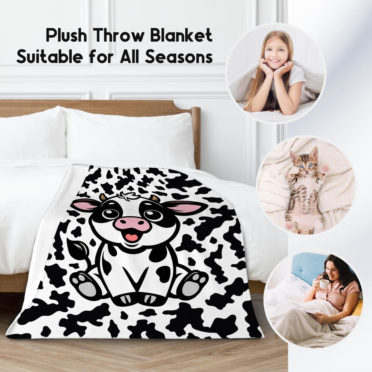Cow Blanket, Cozy Soft Throw Gifts for Kids, Cute White Flannel Throw Blankets for Couch Office, 30x40 Inches
