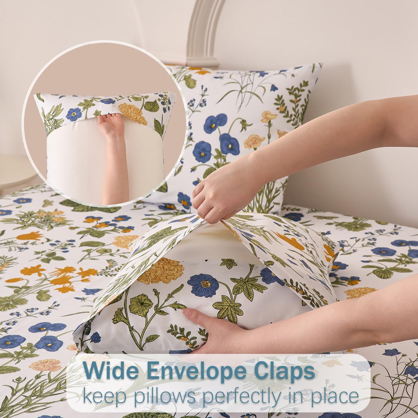 Huborise Green Floral Bed Sheets Set King Size 100% Percale Cotton Yellow & Blue Flower Printed Sheets, Soft & Breathable, Leaf Pattern Botanical Bedding Luxury Deep Pocket Fitted Sheet 17.5" 4 Pcs