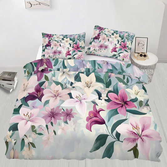 PAISUOQ Lily Bedding Duvet Covers, Watercolor Florals Comforter King Size, Vintage Rustic Floral Bedding Sets with Zipper & Ties, 3 Pieces with 2 Pillowcases, Home Decor & Gifts