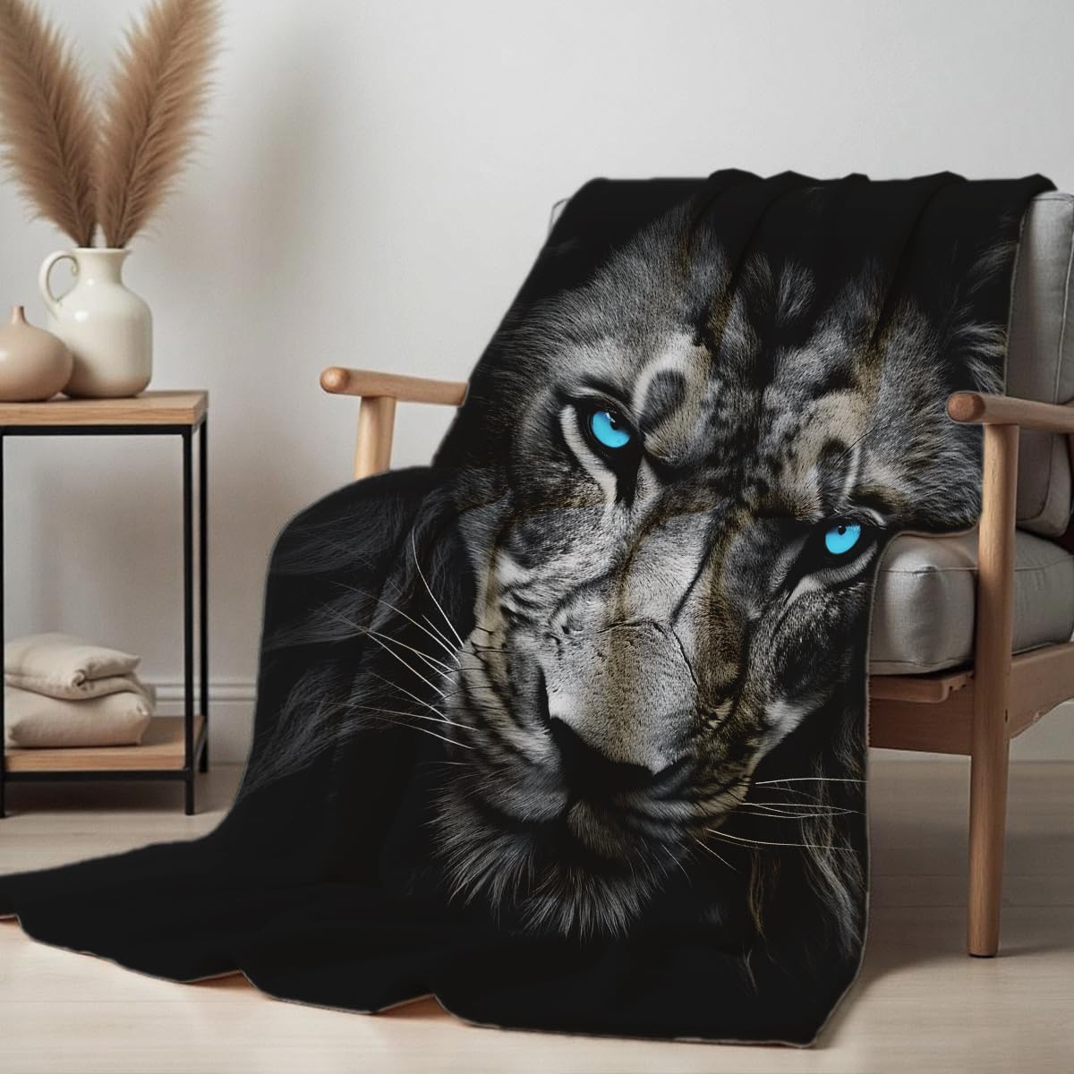 HUNXIAOJ Printed Bed Blanket Black and Blue Wild Animal Throw Lion Flannel Blankets Queen Size Blankets for Men Boy Bed Sofa Office Chair Blanket (49"x59")