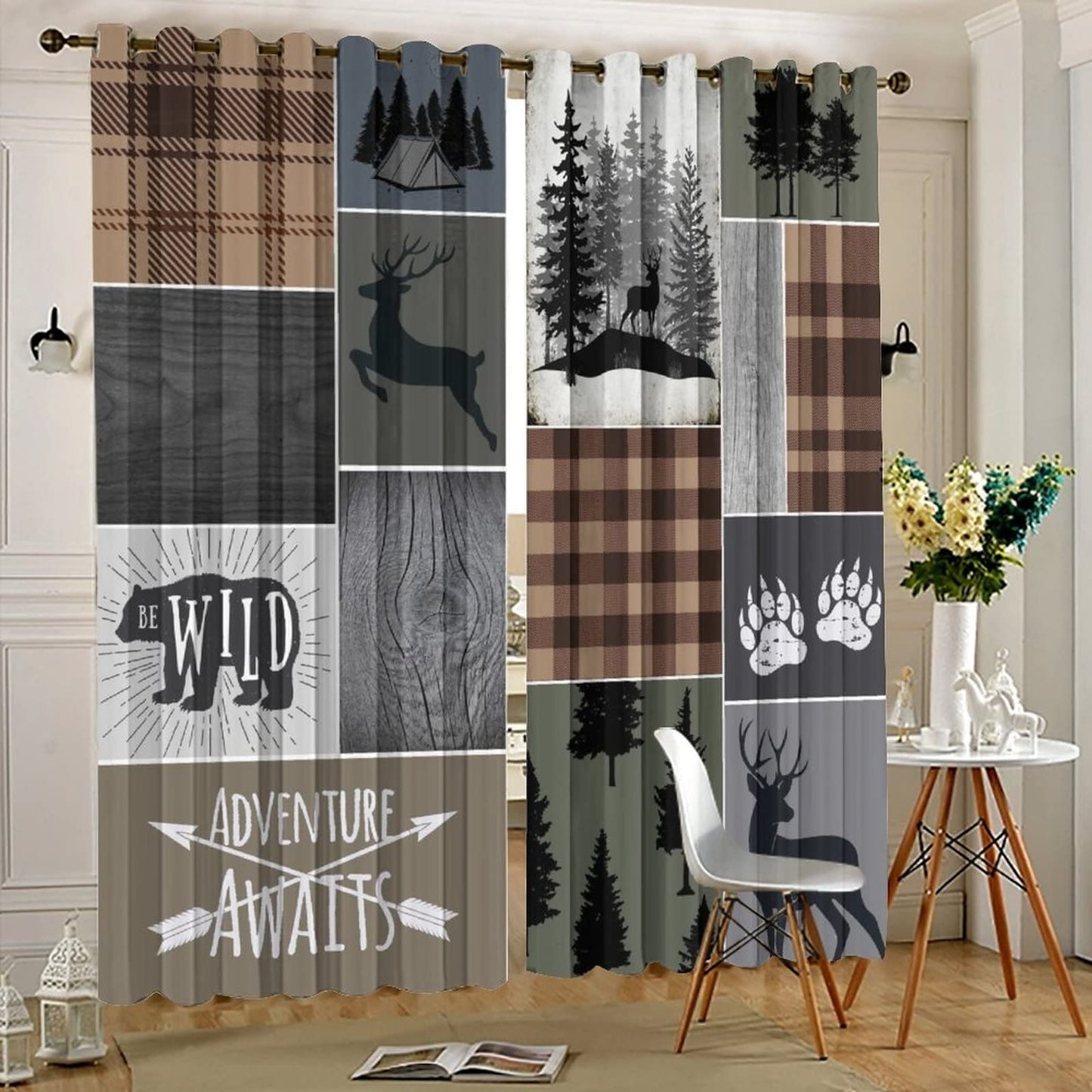 Retro Cabin Bear Deer Room Darkening Blackout Window Curtains with Grommets,Country Farmhouse Hunting Theme Wildlife Plaid Check Lodge Energy Efficient Window Treatment 2 Panels 45L x 21W