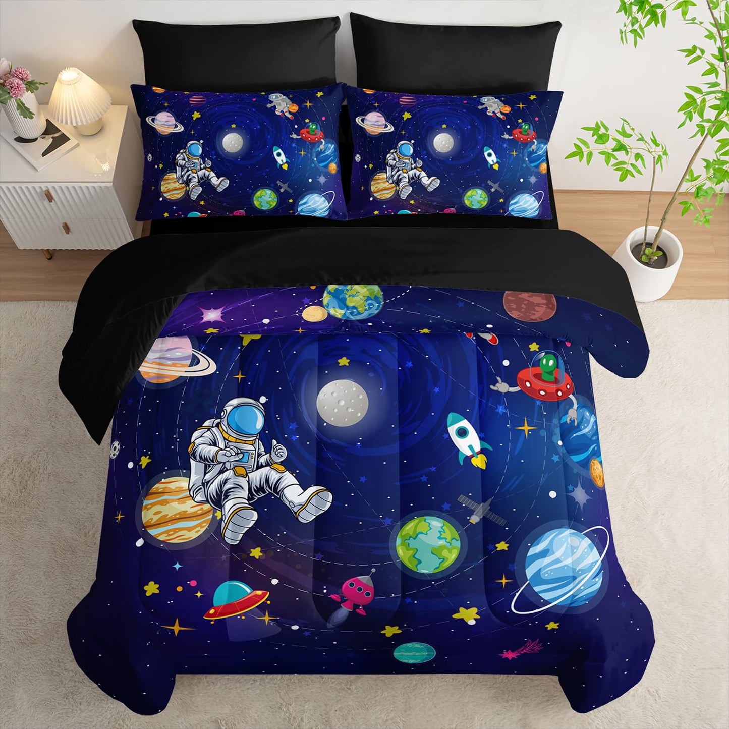 AILONEN Cute Astronaut Comforter Set Full Size,7-Piece Outer Space Planet Rocket Bed in a Bag,Comforter & Fitted Sheet with Flat Sheet & 2 Pillowcases,2 Pillow Cases for Bedroom,Soft Microfiber