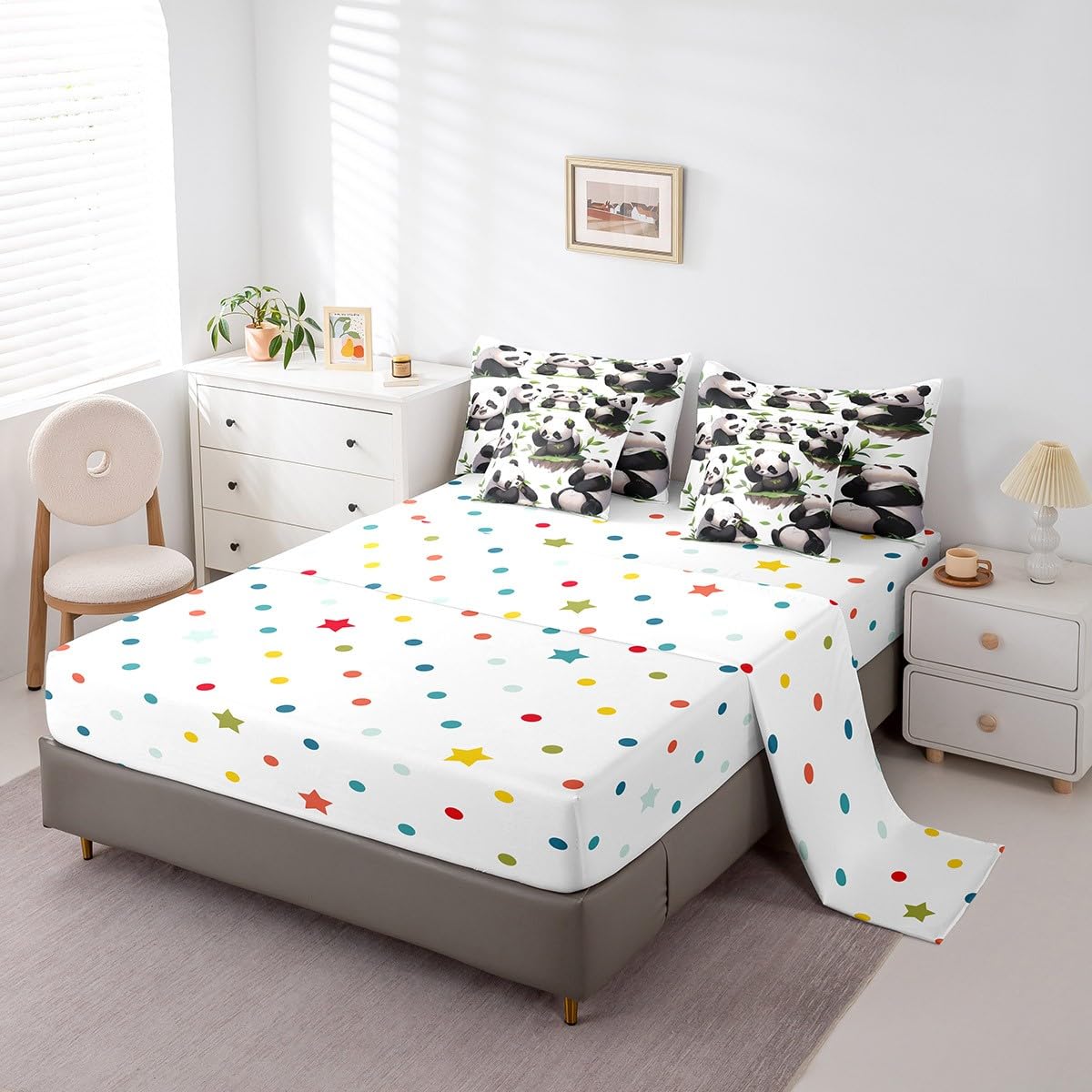 Erosebridal Kawaii Panda Bedding Set King Size, Lovely Animal Theme Comforter Set, Wildlife Cute Panda Kids Teens (Comforter+Fitted+Flat Sheet+2 Pillowcases+2 Throw Pillow Covers) 7 Pieces Bed Set