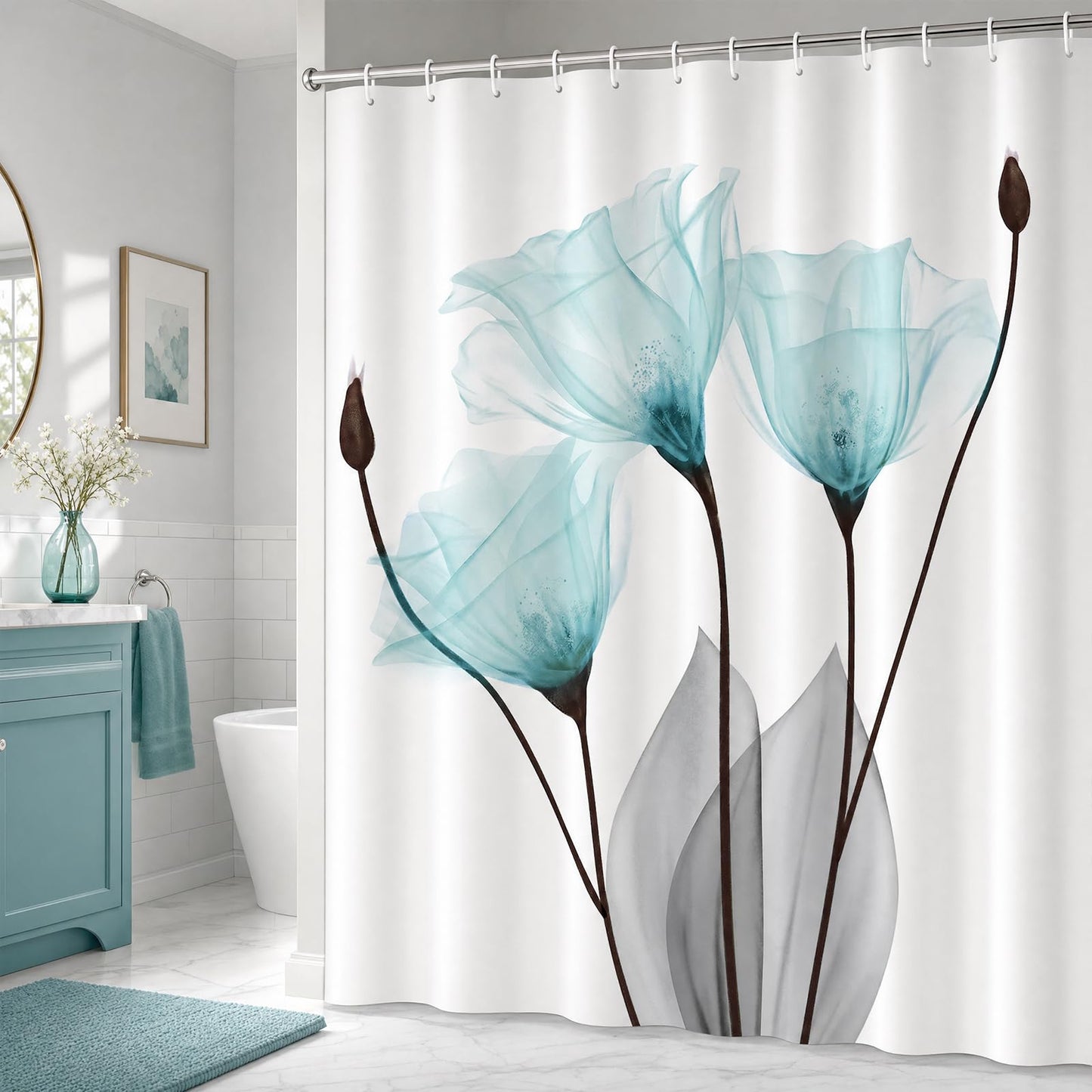 ZCHOMI Teal Floral Shower Curtain Tulip Turquoise Aqua Tulip Flower Botanical Modern Aesthetic X-ray Floral Elegant Bathroom Curtain Decor Waterproof Fabric Bath Curtain 72 x 72 Inch with 12 Hooks