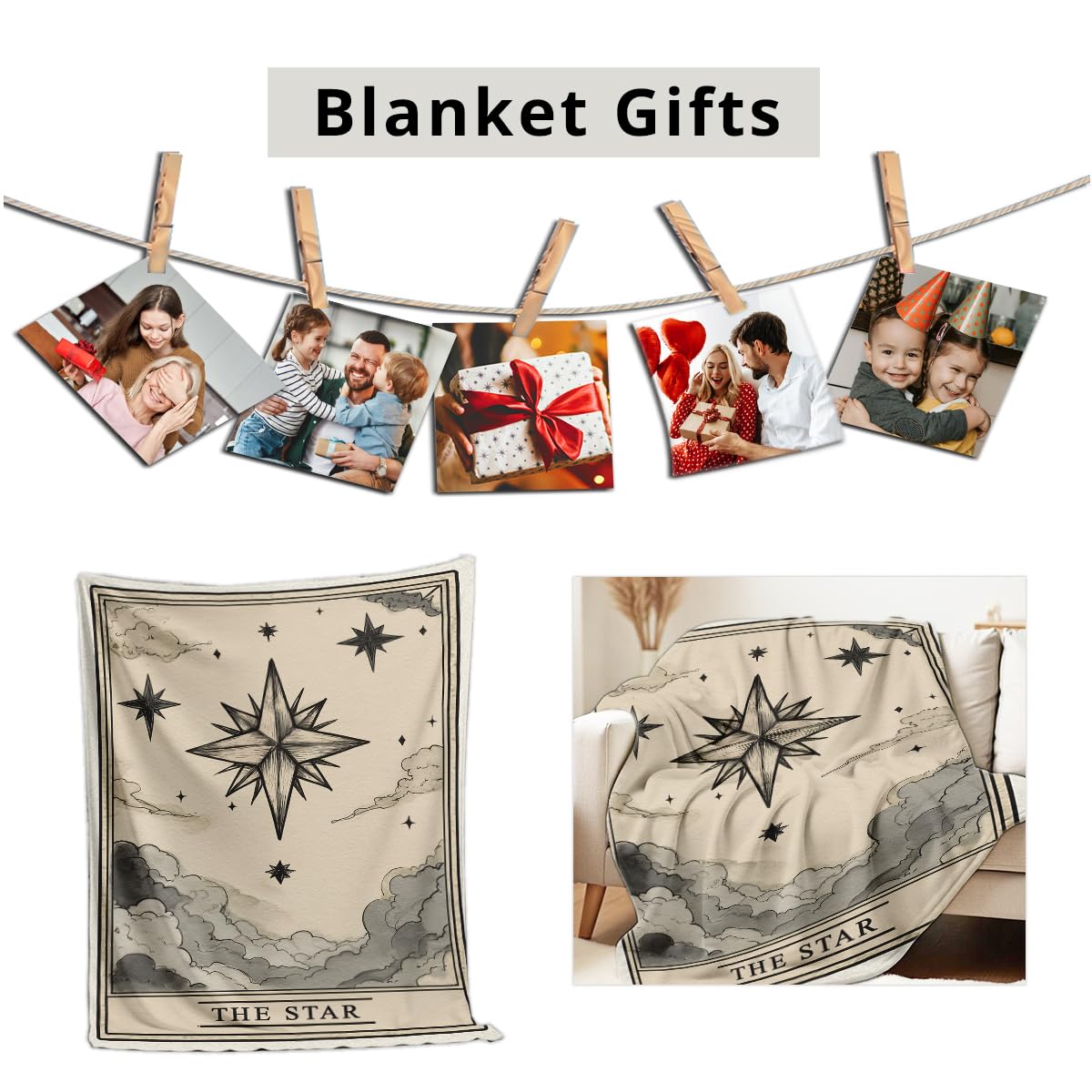 HUNXIAOJ Sun Moon Celestial Print Blanket Boho Celestial Flannel Throw Beige Blanket Throw for Couch Bed Home Living Room Boho Decor Gifts for Kids Adult (59"x78")