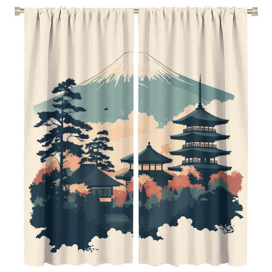 DIPQIMI Ancient Architecture Mountain Blackout Curtains for Bedroom/Living Room, Tree Natural Landscape Curtains Rod Pocket Thermal Insulated Window Drapes, 2 Panels/Each 21" W x 45" L