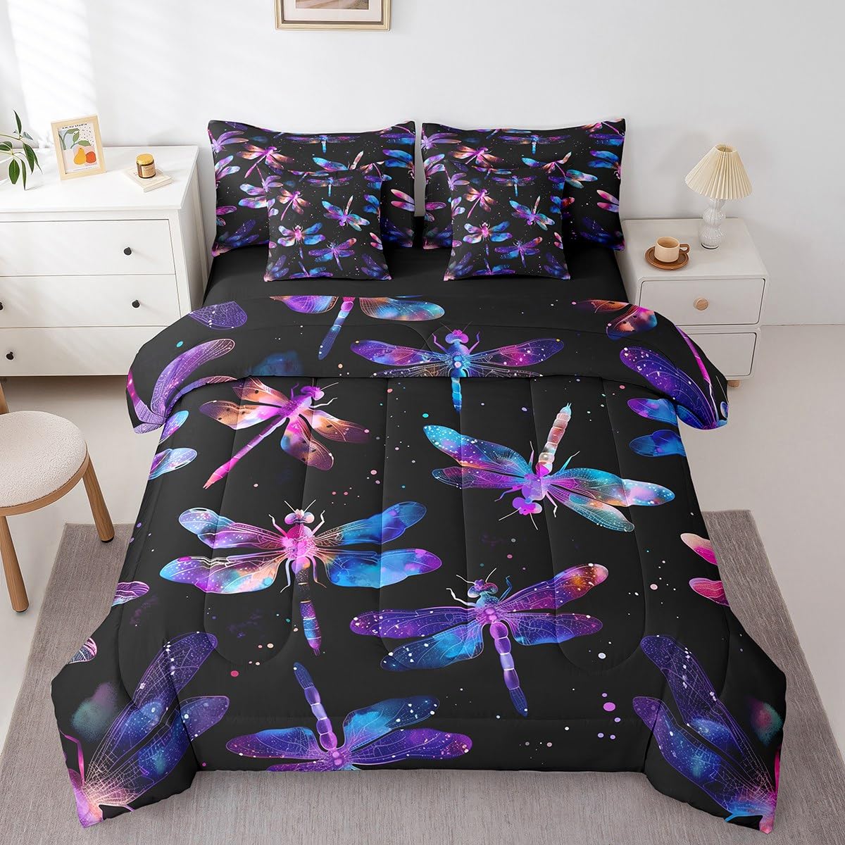 Erosebridal Gradient Dragonfly Comforter Set Queen,Gradient Aesthetic Animal Bedding Set 7Pcs for Girl Lady Women,Boho Dragonflies Quilt,Glitter Starry Sky Stars Bed in a Bag