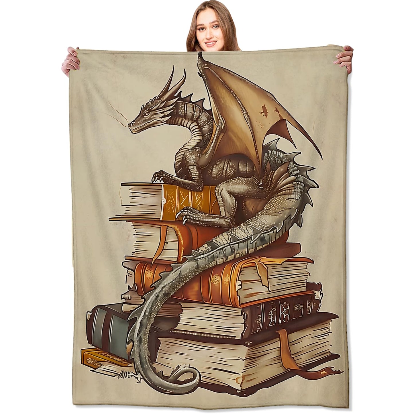 VODRM Dragon and Book Blanket Mystical Fantasy Throw Blankets with Ancient Books and Majestic Animal,Birthday Gifts for Kids Women,Lightweight Soft Fleece,for Sofa Couch Bed Room Decor 50x60in