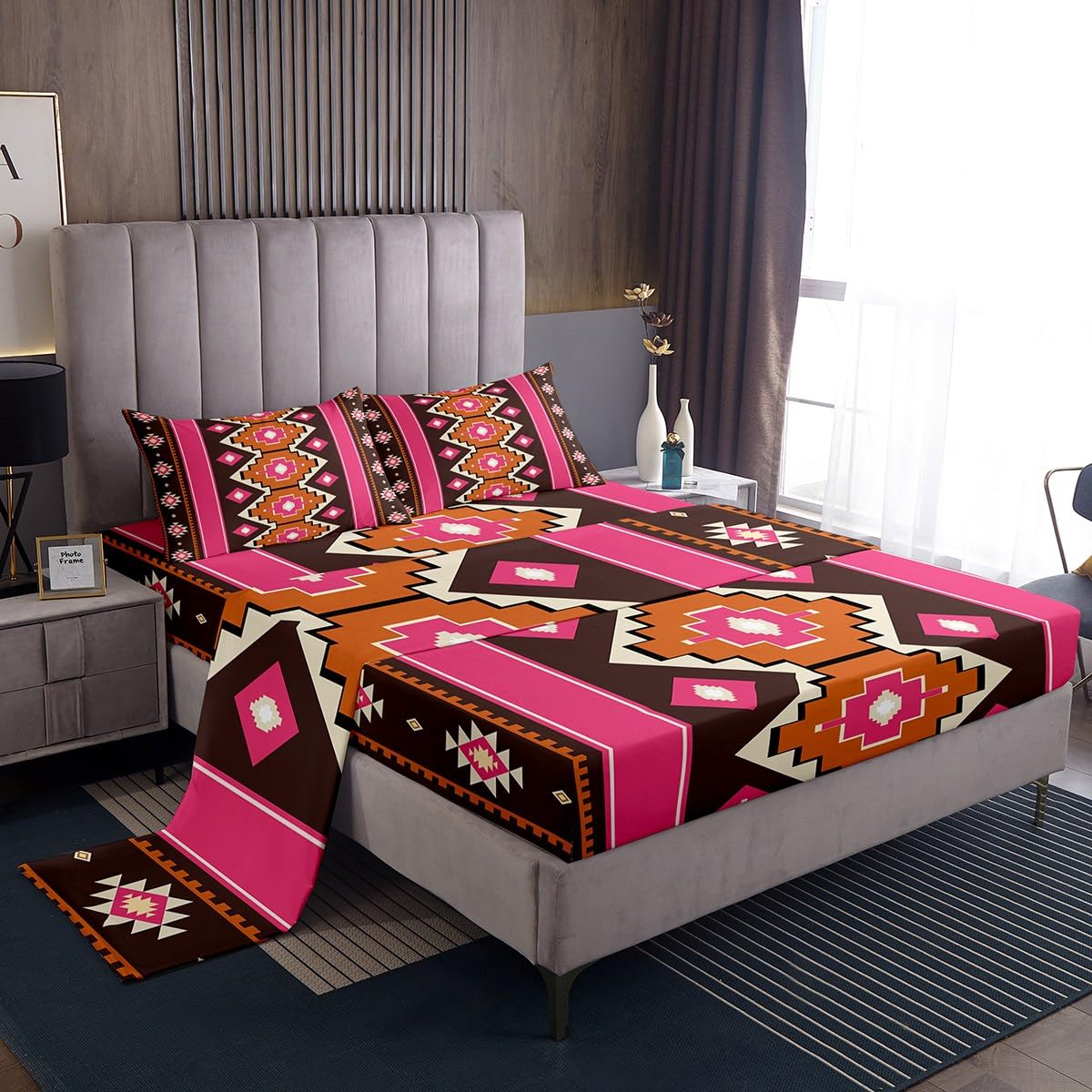 Feelyou Boho Aztec Bed Sheets Set King Size West Bed Set for Kids Boys Girls Pink Brown Deep Pocket Fitted Sheet Western Breathable Soft Lightweight Microfiber