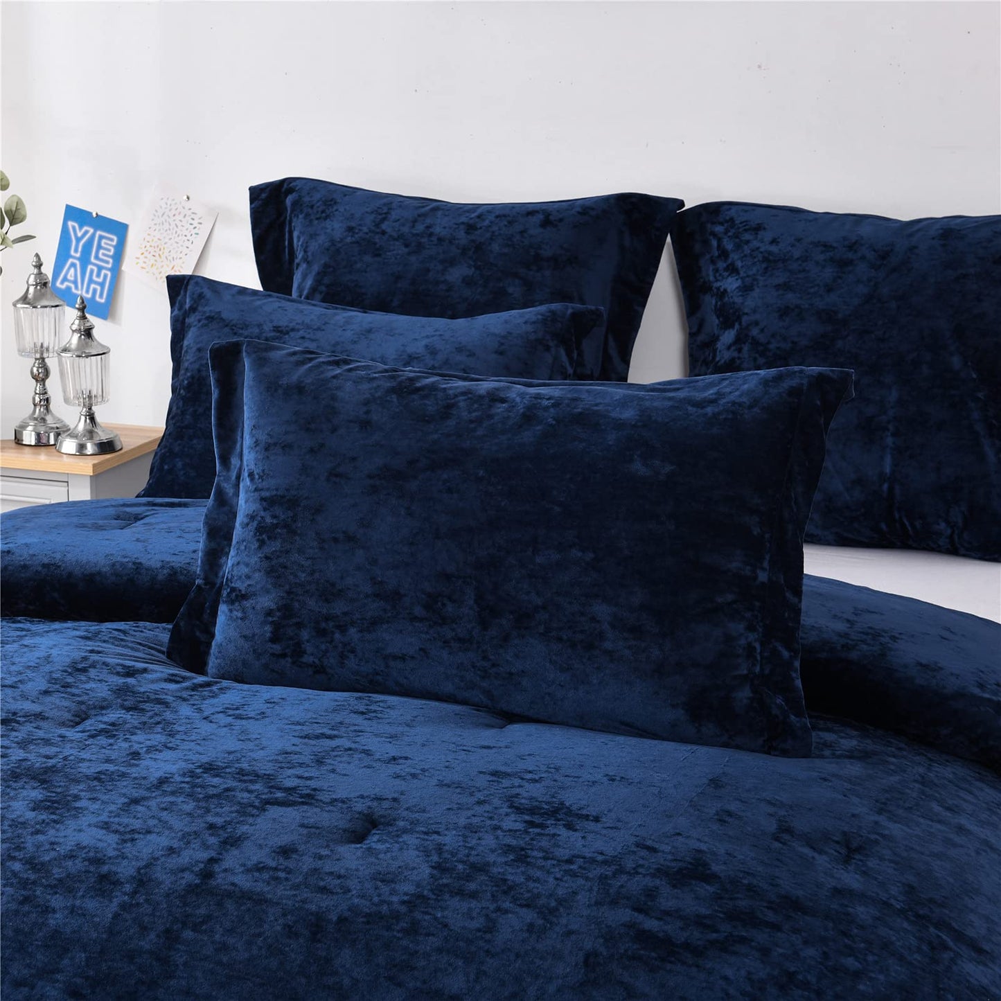 Sunshine Nicole Distressed Velvet Comforter Set, Distressed Velvet Face and Brushed Solid Microfiber Reverse, with Light Weight Soft Poly Fill, 5 Pieces Navy, King