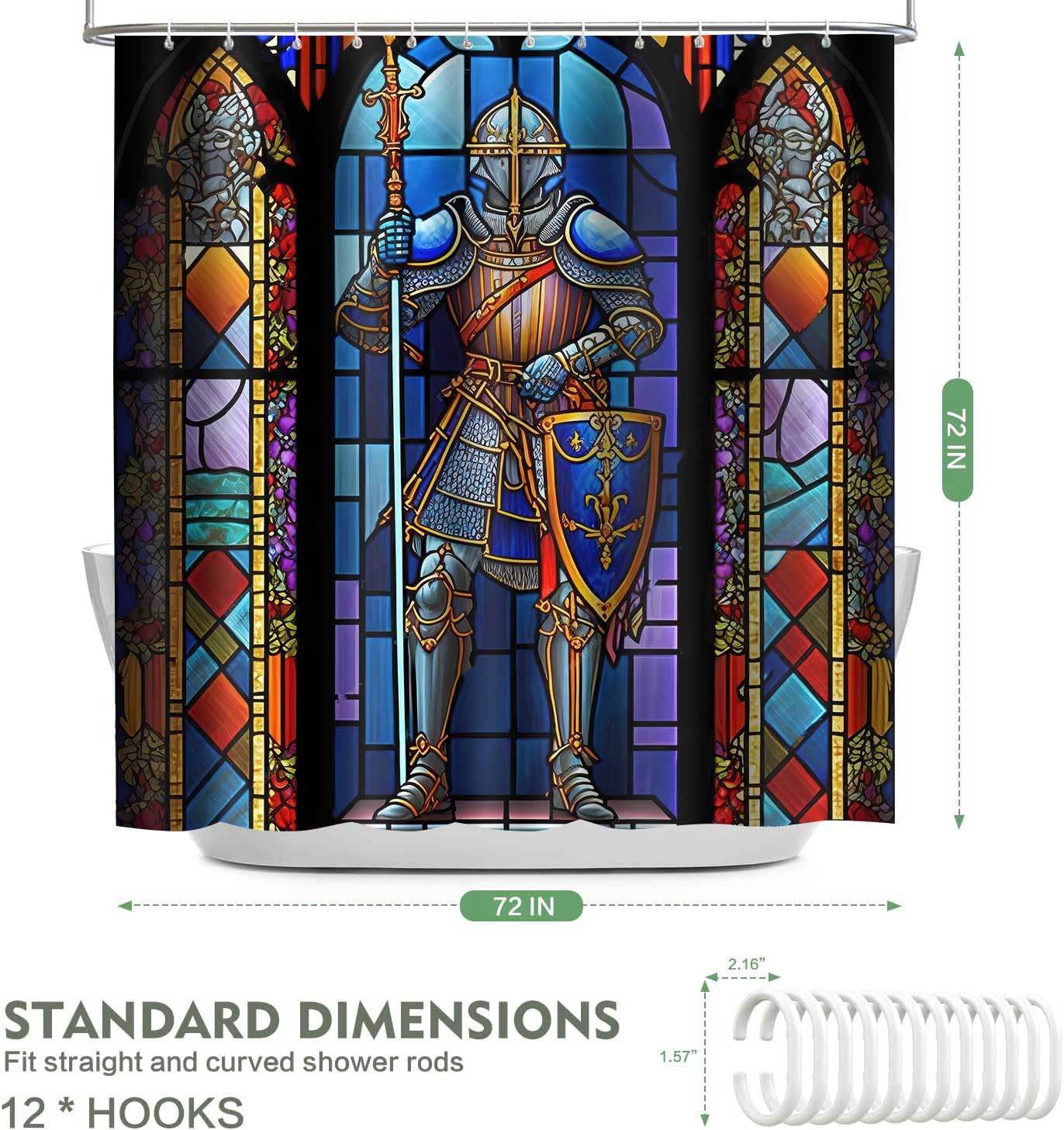 TPMDFC Medieval Shower Curtain, 72x72 inch Polyester, Medieval Knight Stained Glass Bathroom Shower Curtains Decor Set with 12 Hooks YLOKTP0834