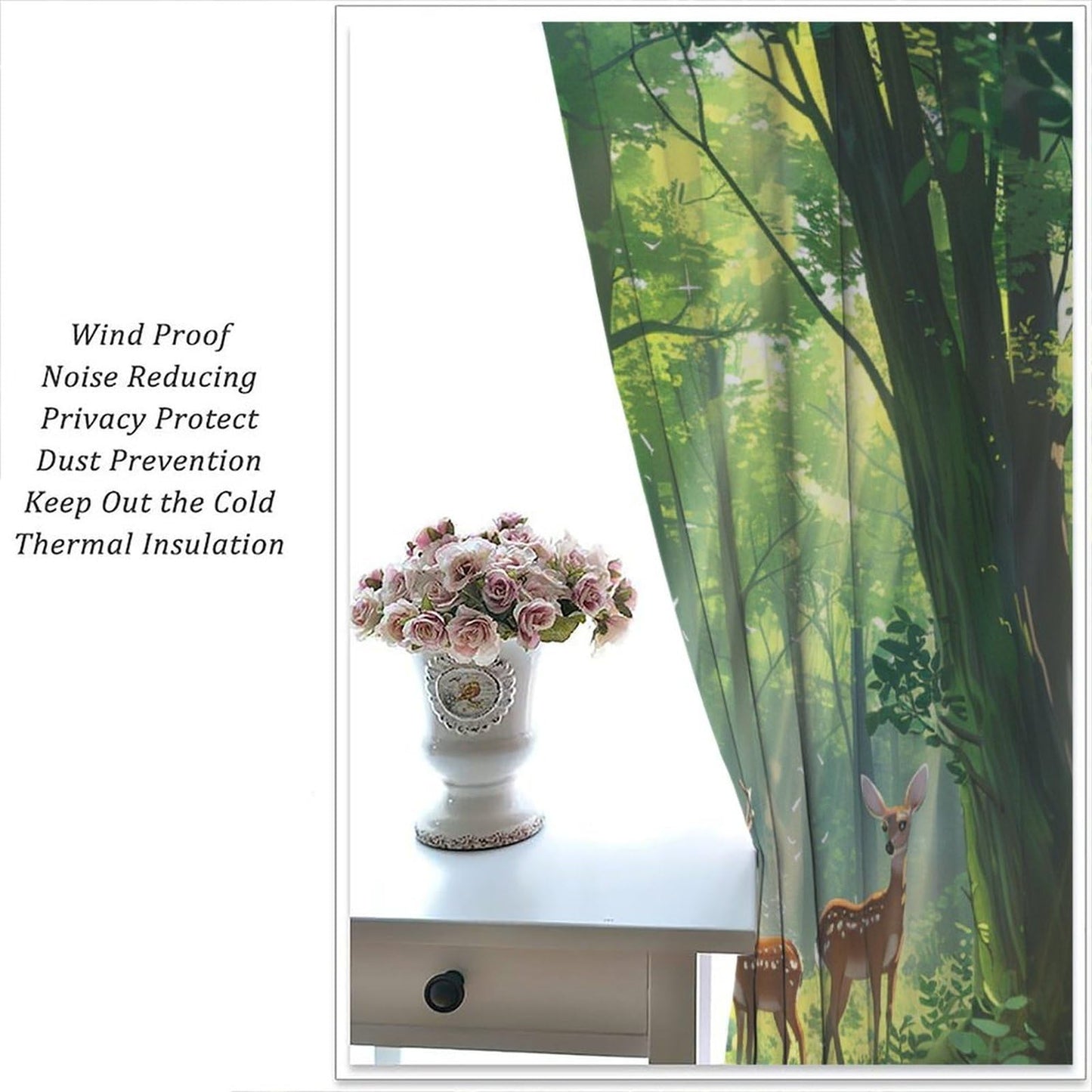 TOWINSFB Green Tree Deer Botanical Blackout Curtains, Butterfly Forest Nature Landscape Home Decor Rod Pocket Window Drapes for Living Room Bedroom - 42" W x 45" L