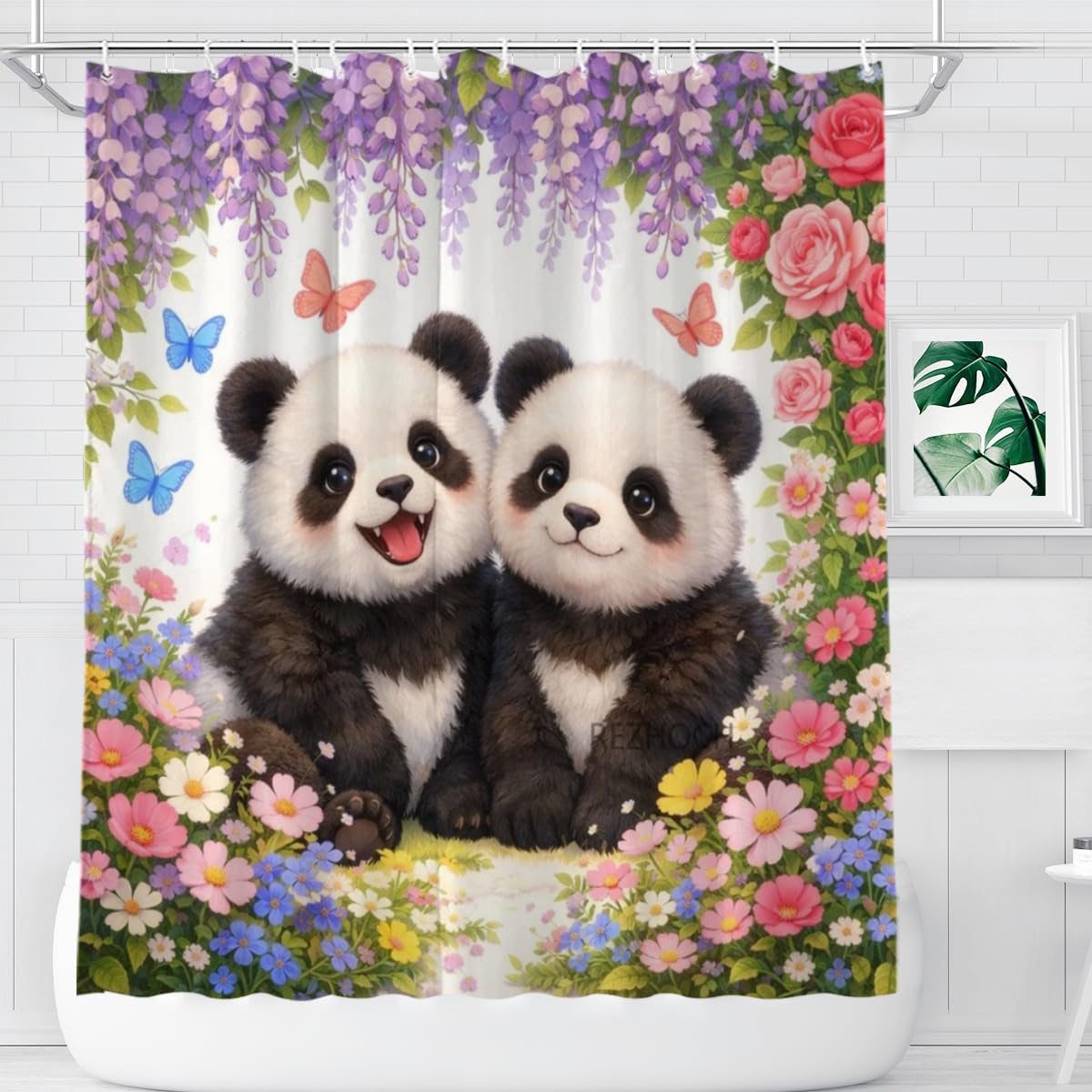 REZHOCH Fun Panda Shower Curtain 72x72Inch,Floral Home Bathroom Decor Spring Summer Garden Flowers Wisteria Rose Butterfly,Cute Animal Waterproof Fabric Bath Set with Hooks